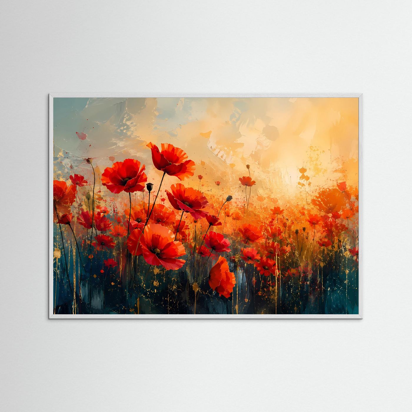 Leuchtendes Mohnblumenfeld Poster | Abstrakte Mohnblumen in Rot Gold Modernes Blumen Wandbild Querformat