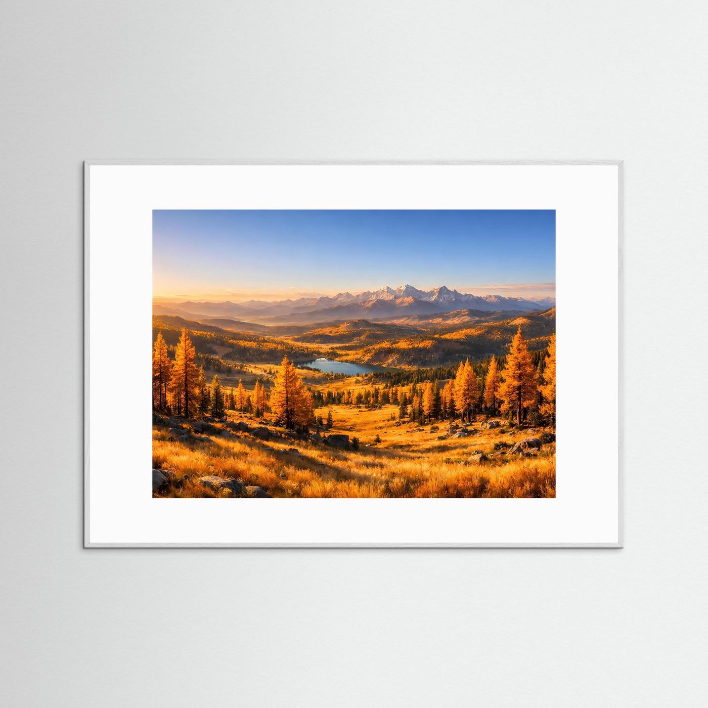 Wandbild Bergtal im Herbst mit goldenen Wäldern und Fluss, breiter weißer Rahmen
