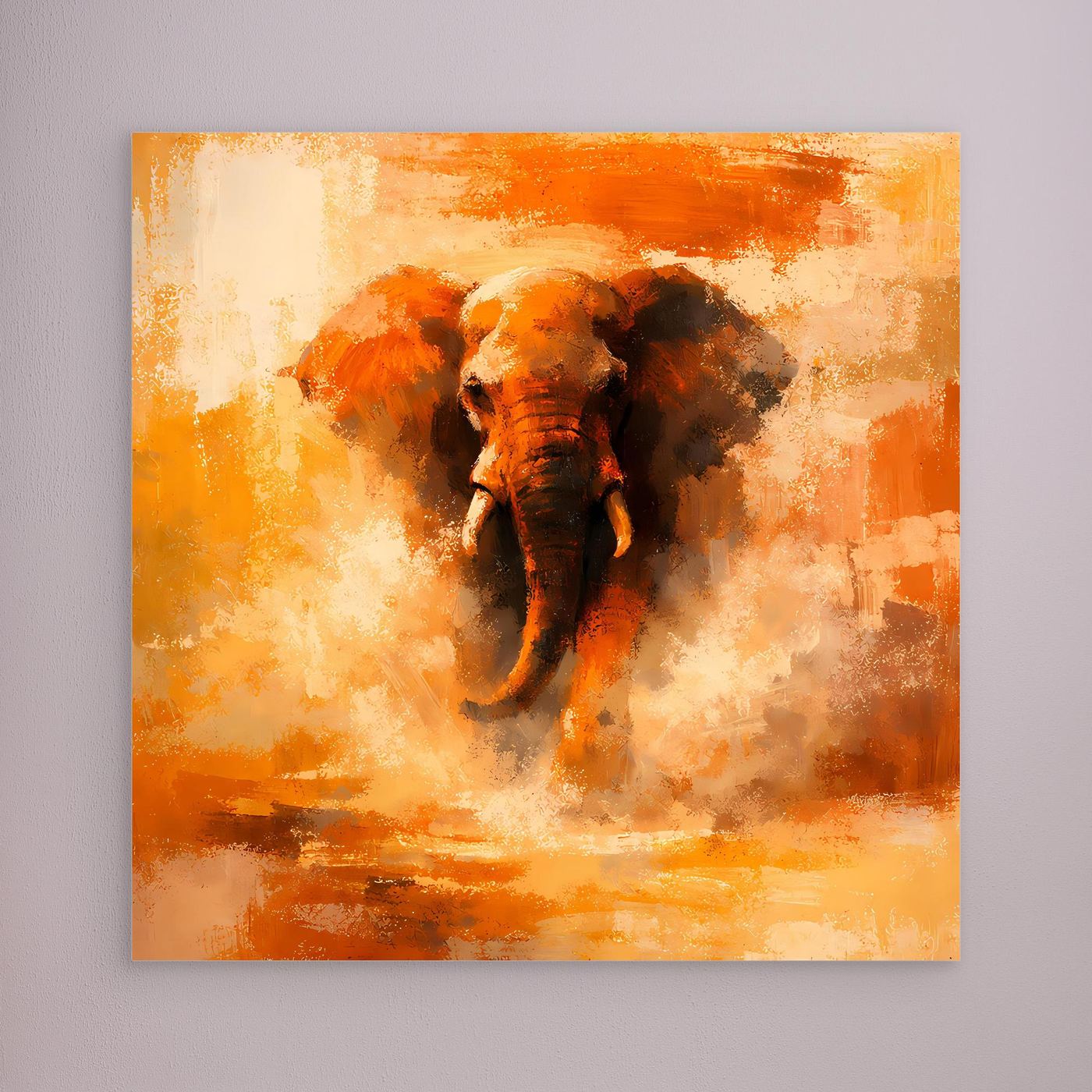 Leinwand Abstraktes Elefanten Gemälde | Modernes Kraftvolles Tier Wandbild Orange Ocker
