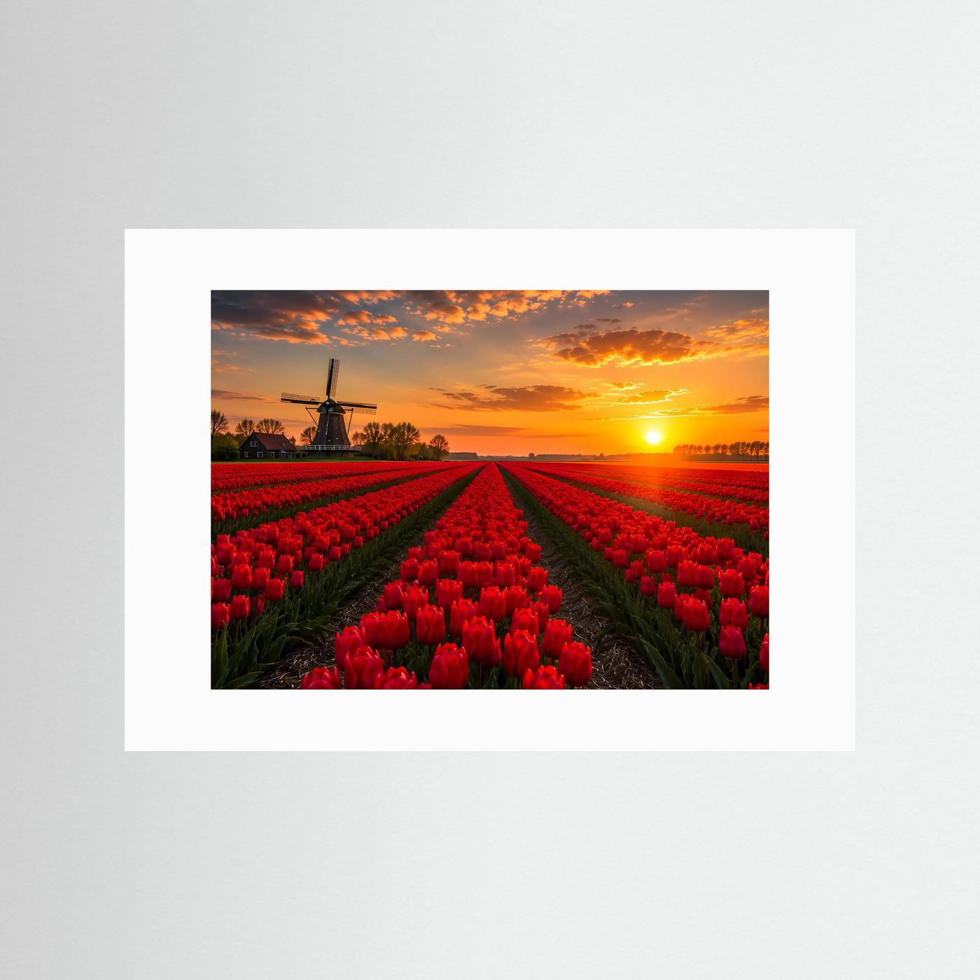 Rotes Tulpenfeld Holland Poster Querformat | Windmühle & Sonnenuntergang