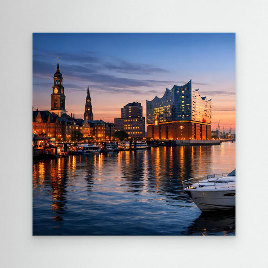 Leinwand-Wandbild mit Skyline am Wasser bei Dämmerung, beleuchtete Gebäude und Boot