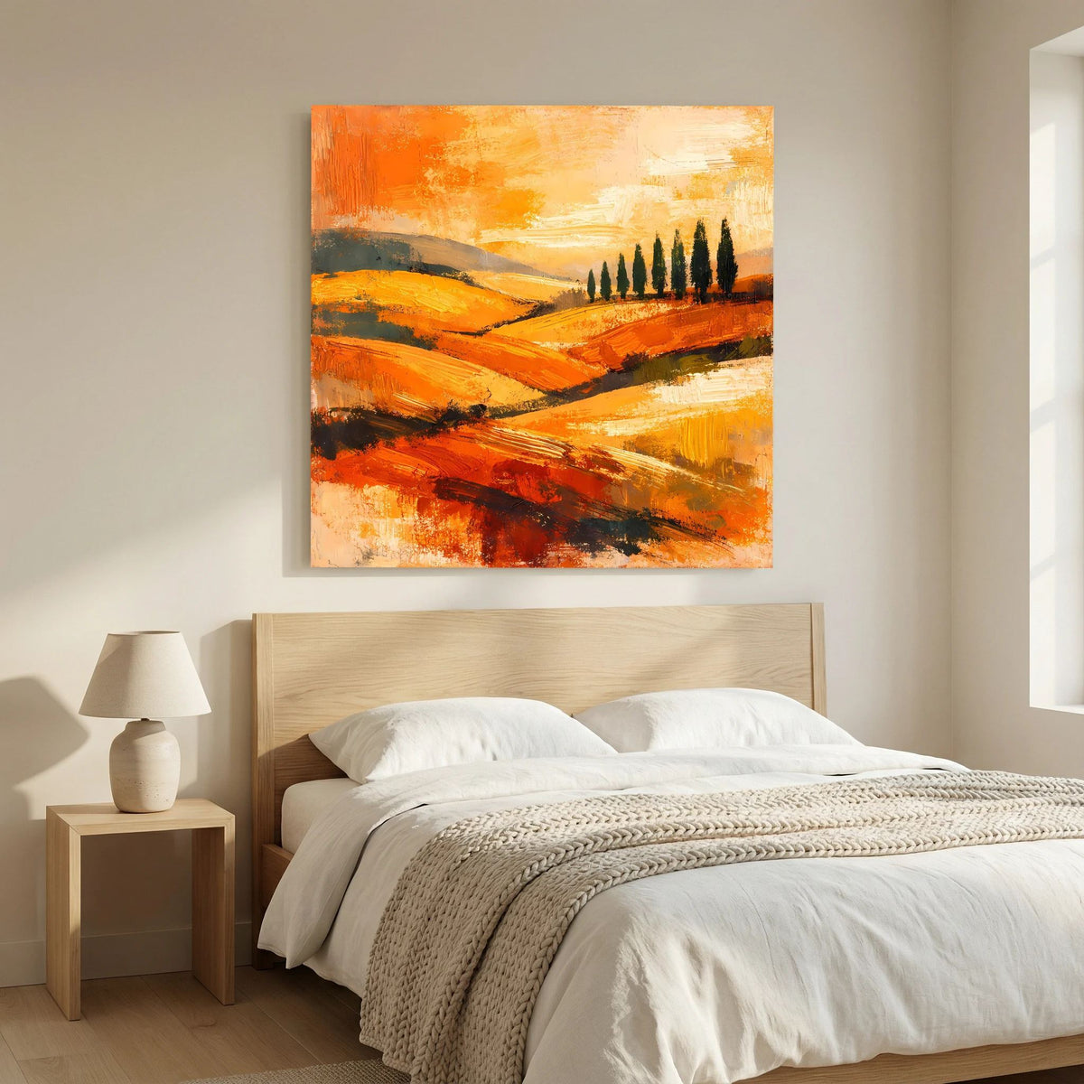 Leinwand-Wandbild mit Holzrahmen: orangefarbene Landschaftsflächen, Zypressen vor hellem Himmel.