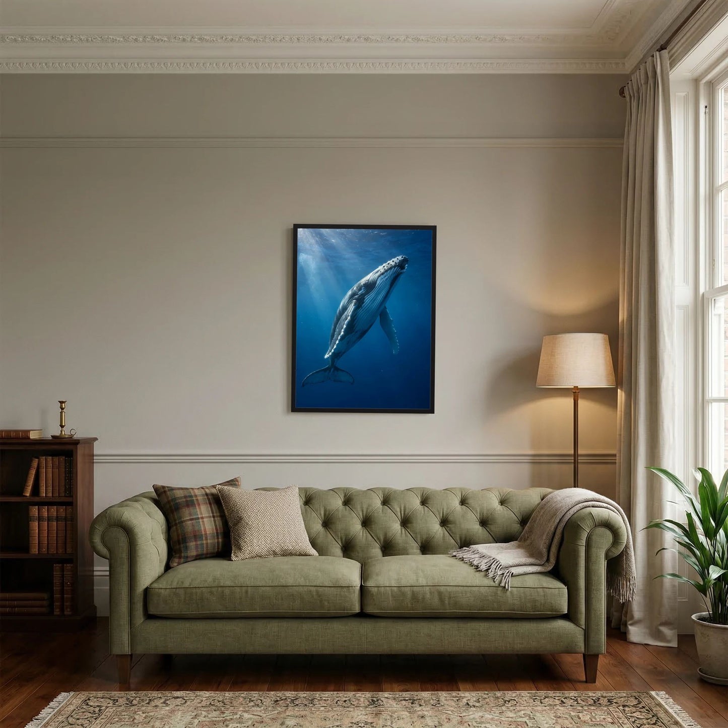 Wandposter mit Buckelwal unter Wasser im dunklen Rahmen