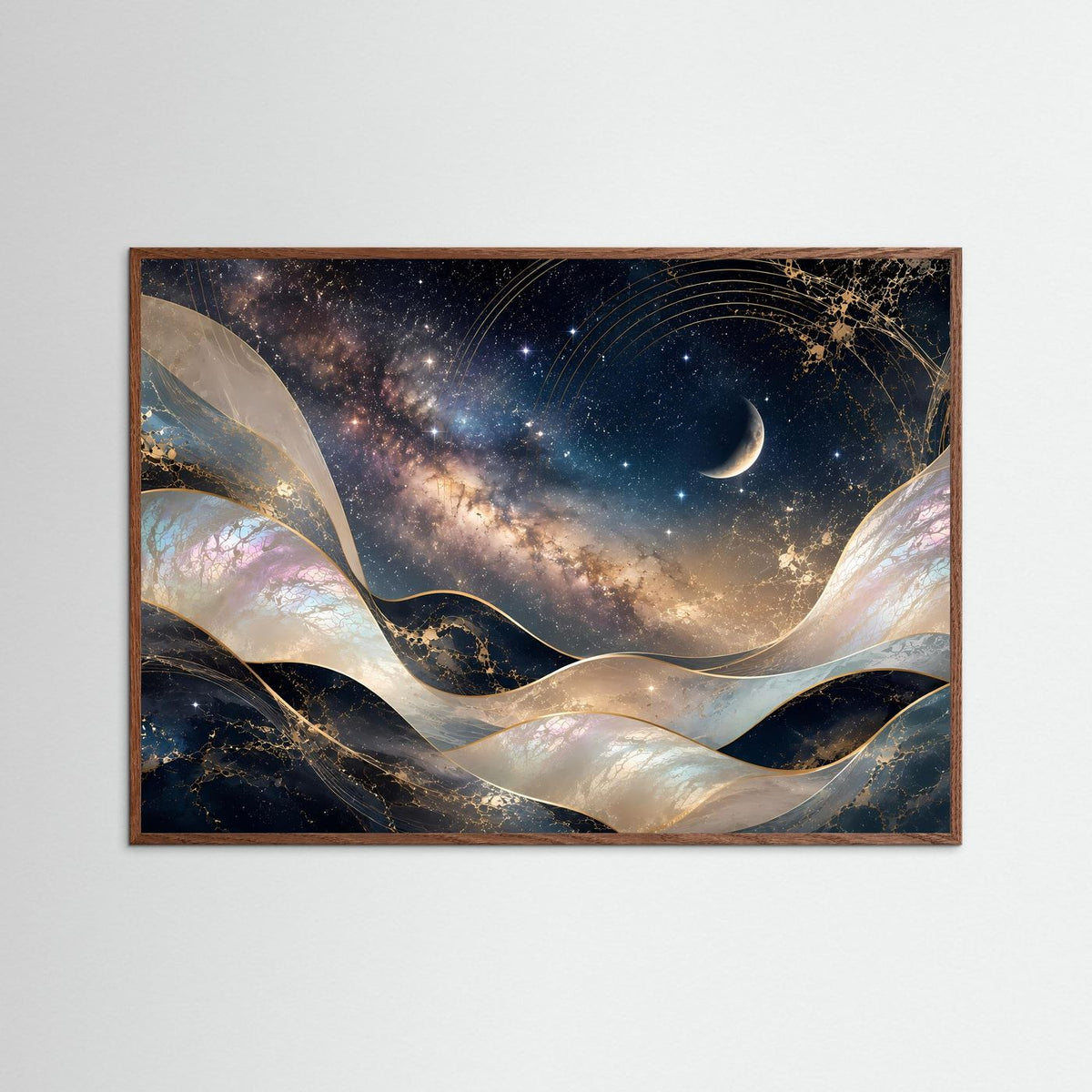 Poster Querformat mit dunklem Holzrahmen: Galaxie, Mond und goldene Wellen