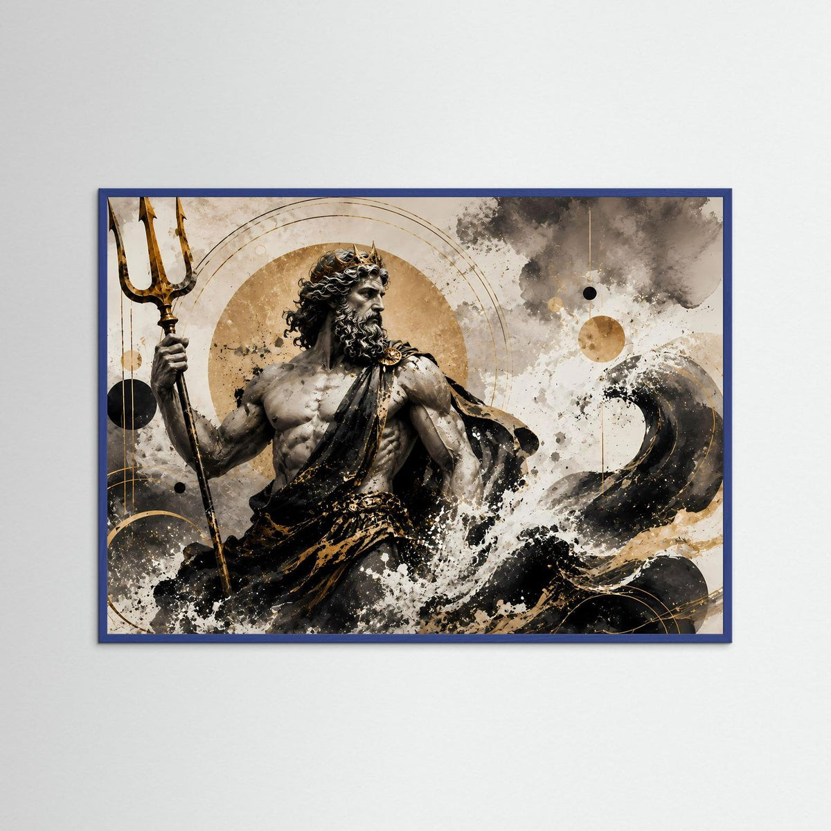 Gerahmtes Querformat-Poster: Poseidon mit Dreizack, goldene Ornamente, schwarze Wellen