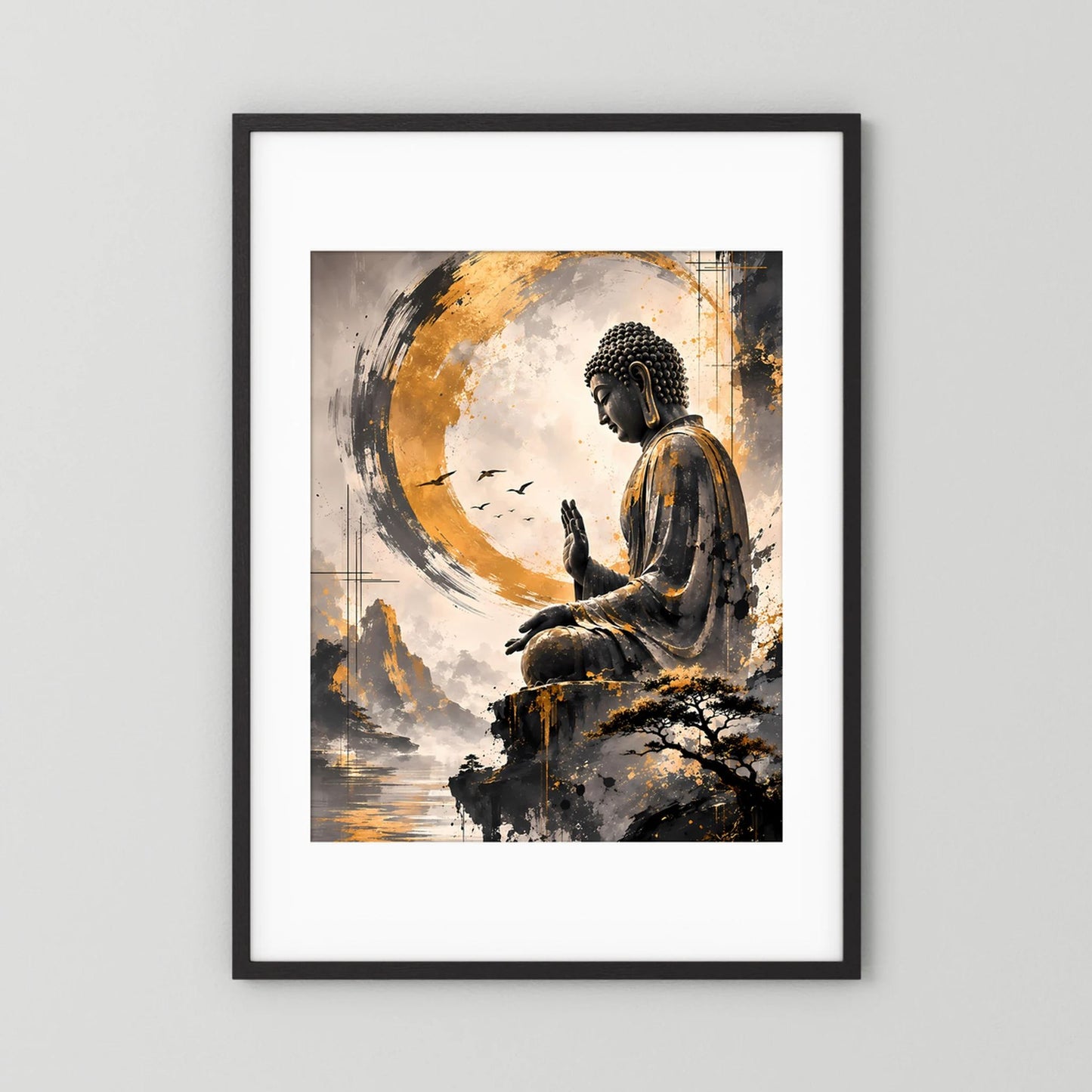 Zen-Poster mit sitzendem Buddha im goldenen Kreis, schwarzer Rahmen mit weißem Rand
