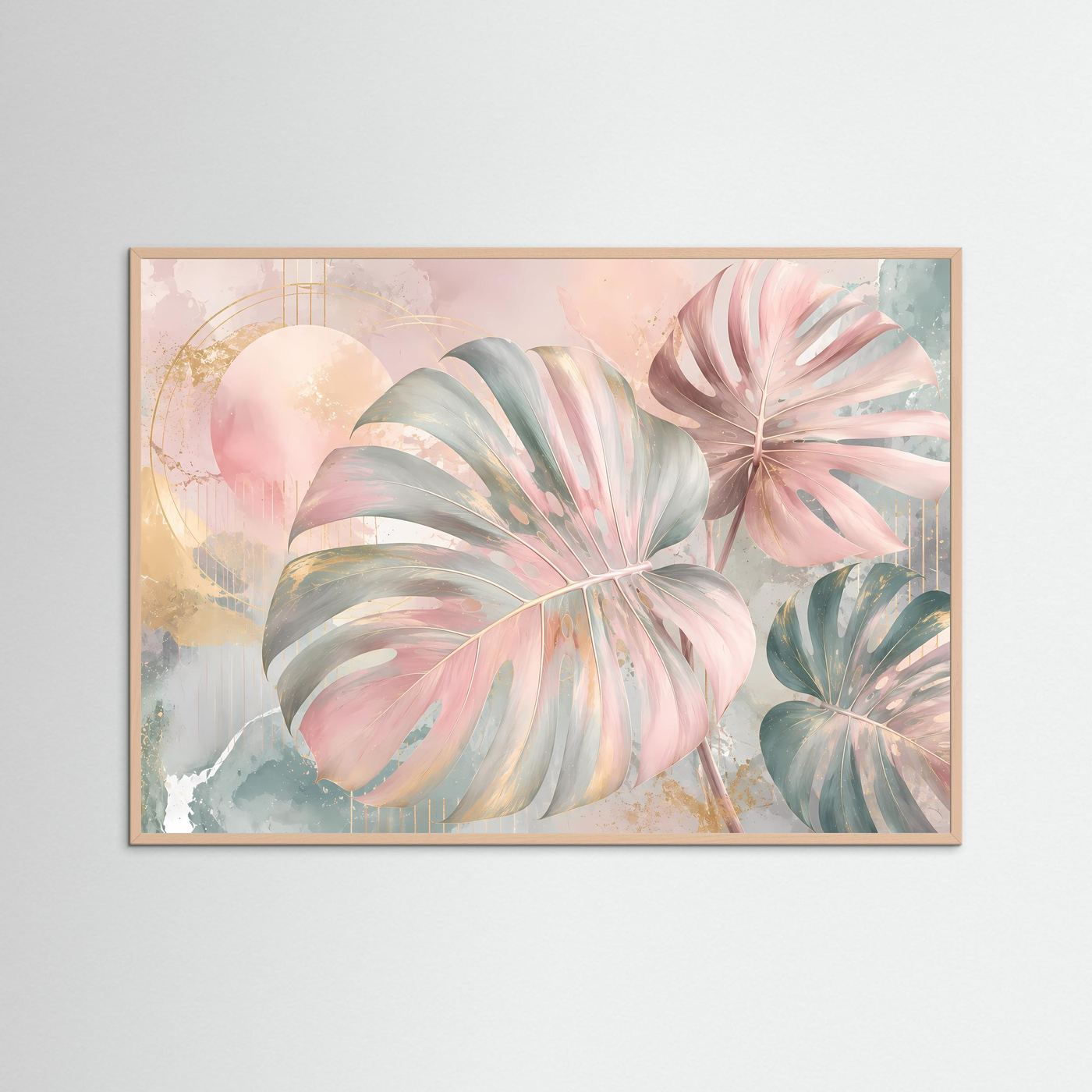 Monstera Blätter Poster Querformat | Tropische Wandkunst Pastell Rosa Gold | Moderne Botanische Kunst