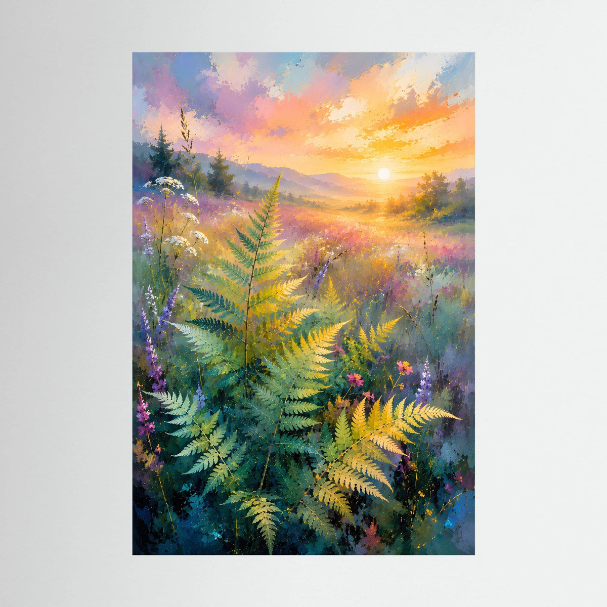 Naturposter im Hochformat mit abstrakter Farnlandschaft in Pastellfarben, goldener Sonnenaufgang