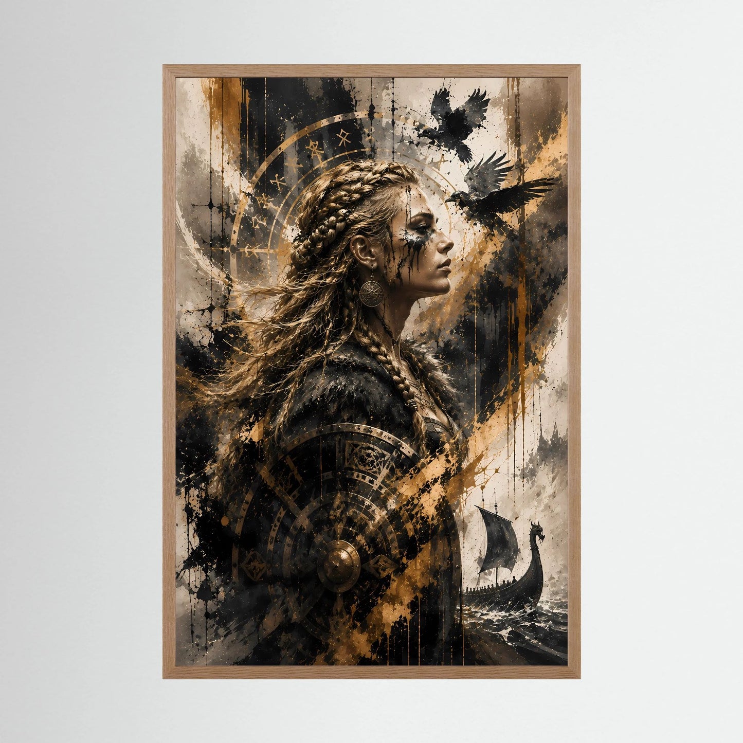 Hochformat-Poster im hellem Holzrahmen: Wikingerin, gold-schwarz, Raben und Langschiff