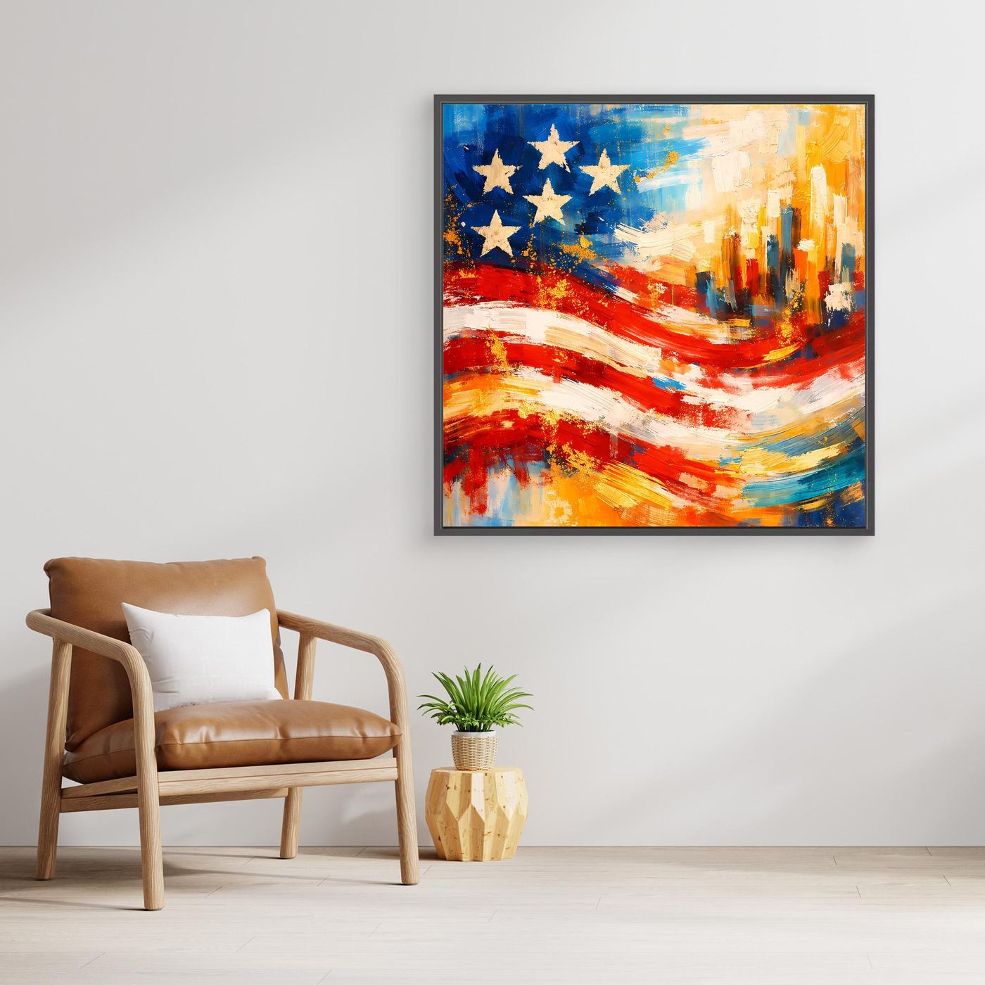 Gerahmtes Leinwandbild mit abstrakter US-Flagge und Skyline, Blau, Rot, Gelb