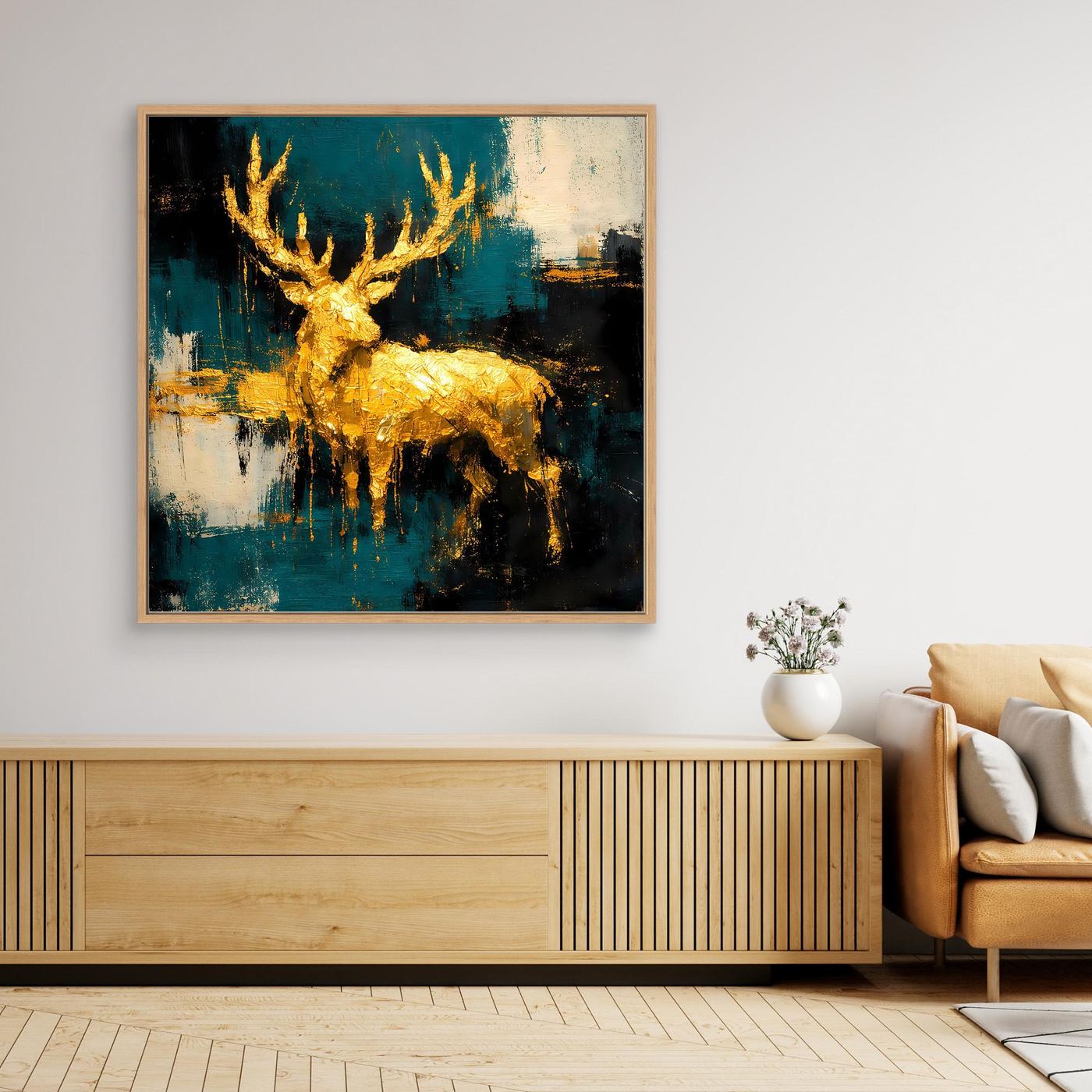Leinwand Goldener Hirsch in abstrakter Landschaft | Modernes Edel-Tier Wandbild