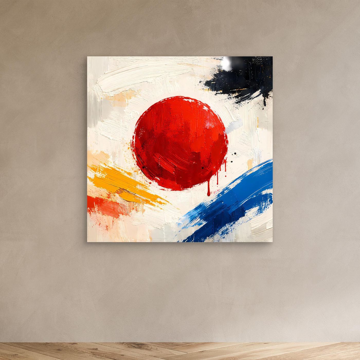 Abstract canvas wall art with a large red circle, blue diagonal brushstrokes, black paint marks