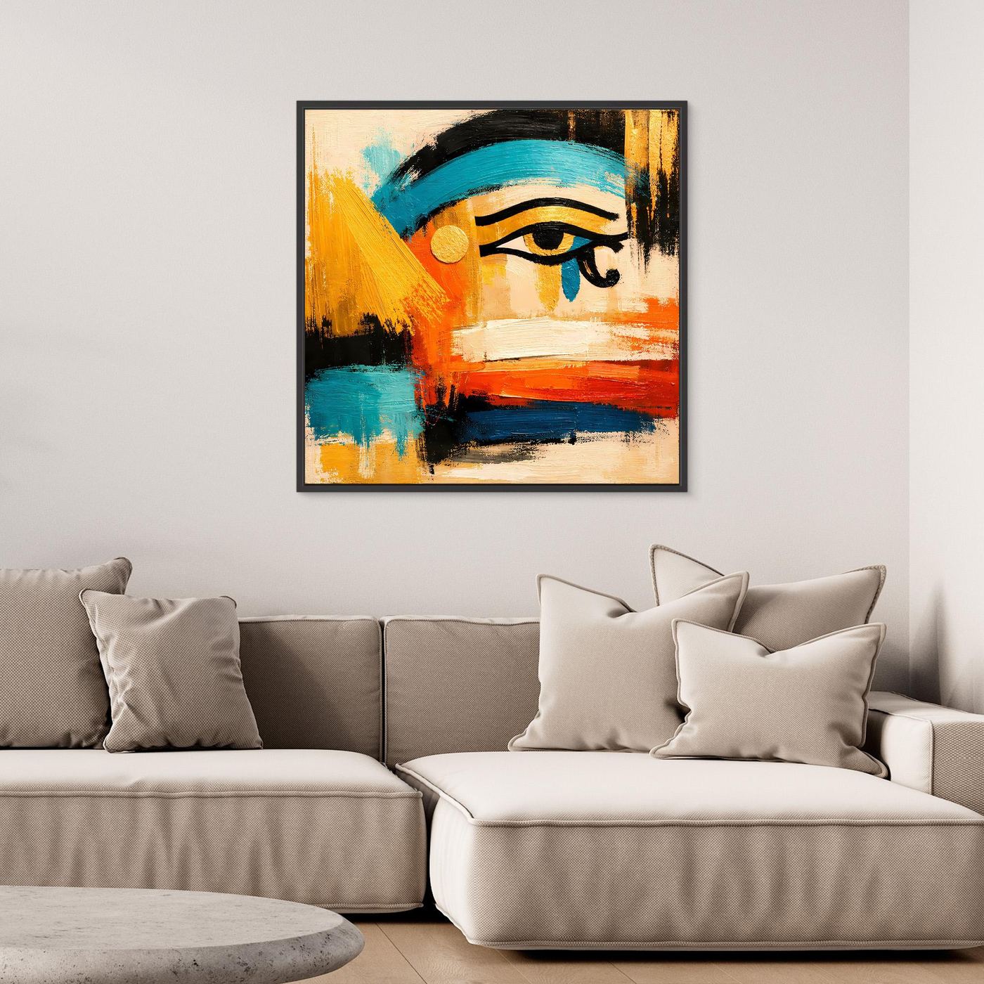 Framed abstract Eye of Horus canvas art with multicolor brushstrokes and a stylized eye