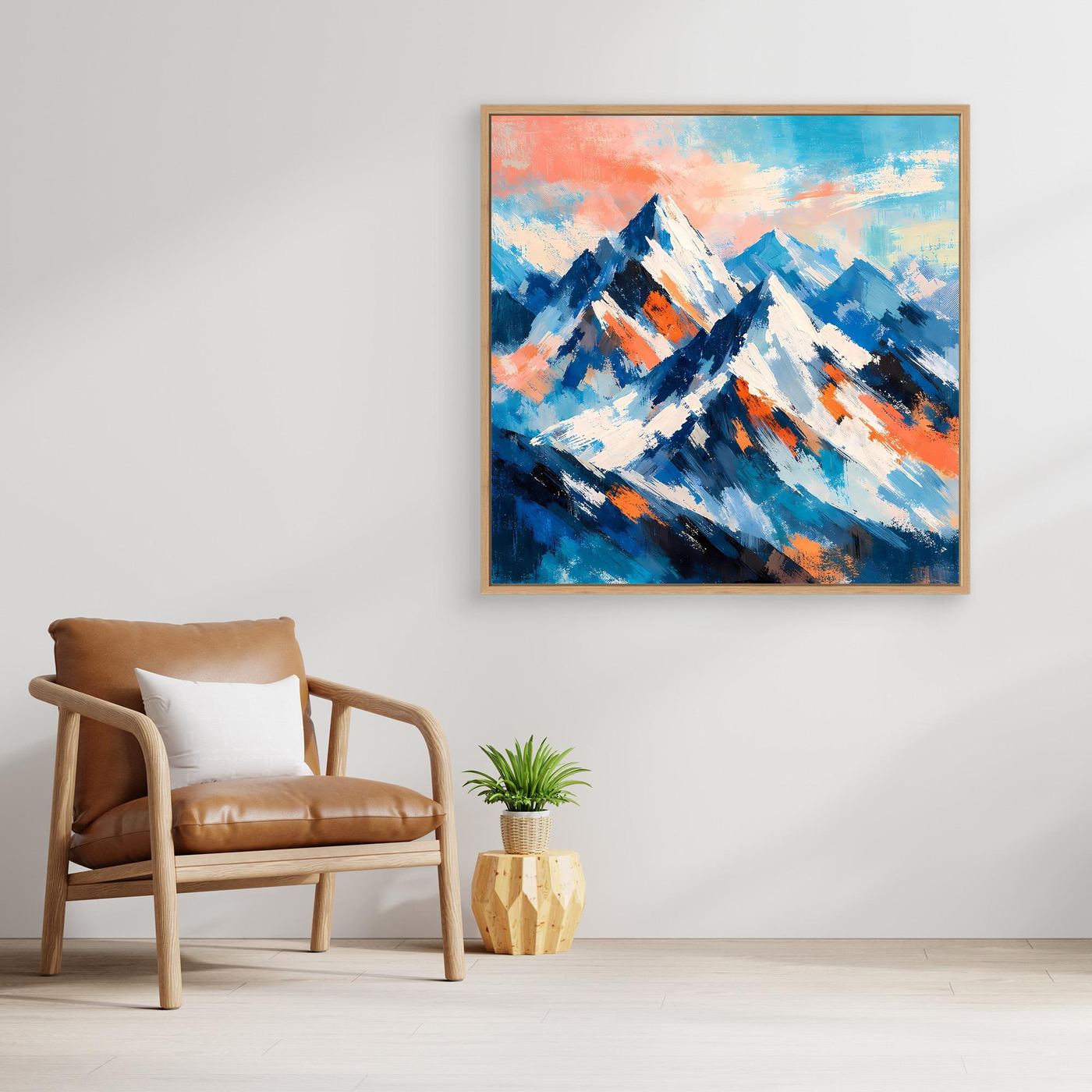 Gerahmtes Leinwand-Wandbild mit impressionistischen Schneebergen in Blau, Weiß und Orange