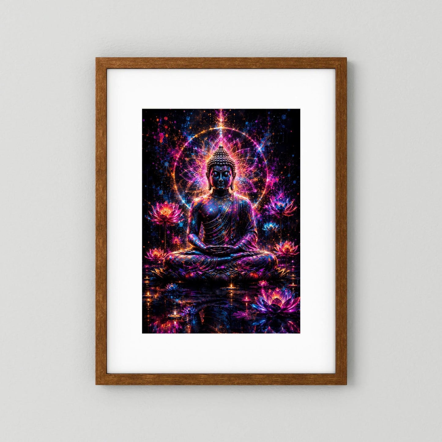 Poster im braunen Holzrahmen mit weißem Passepartout: Buddha, Neon-Lotus, Farbspritzer