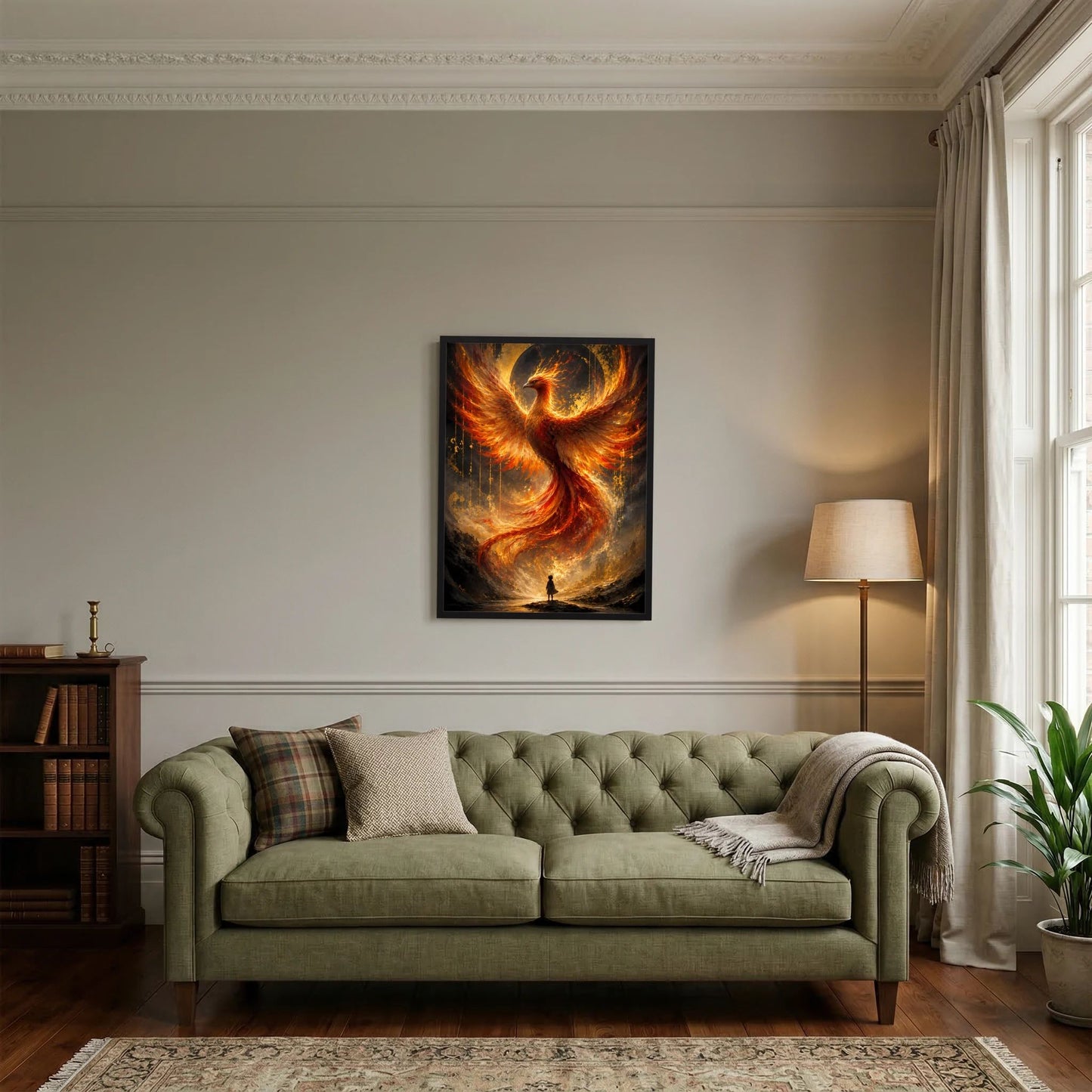 Hochformat-Poster mit leuchtendem Phönix aus Feuer in Gold- und Orangetönen, schwarzer Rahmen