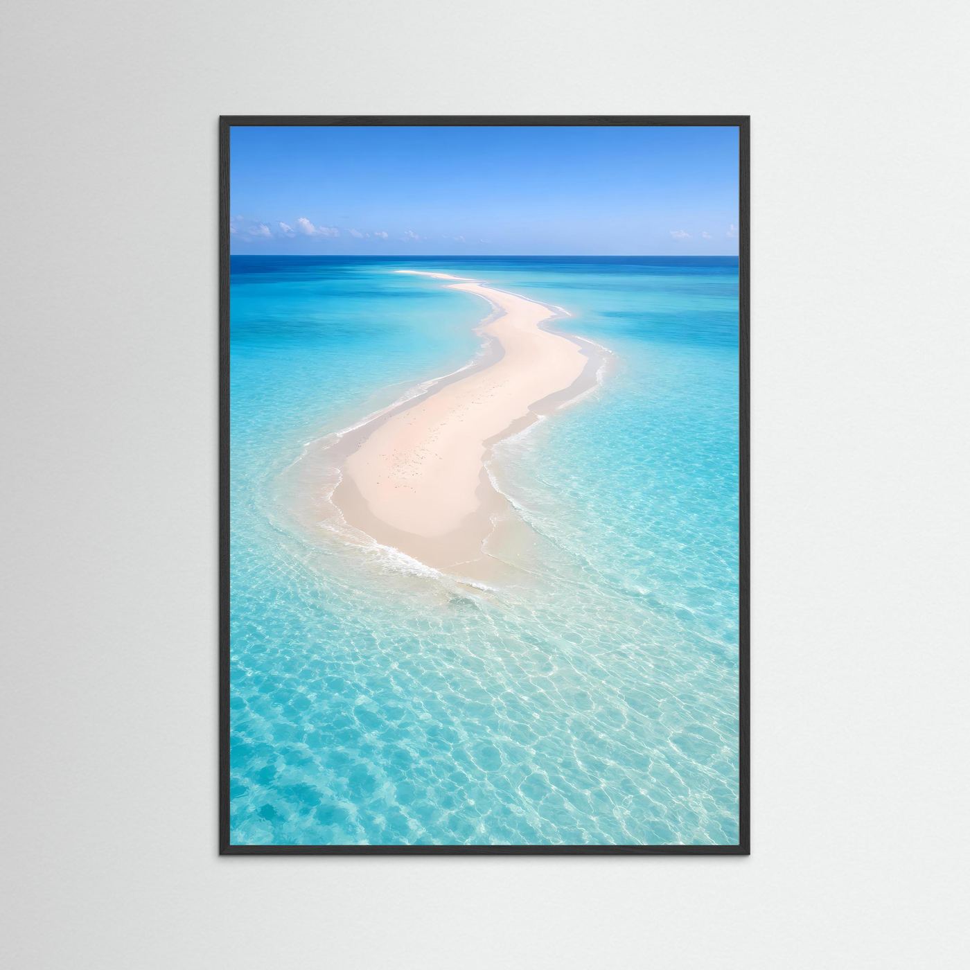 Sandbank-Poster im Hochformat mit schwarzem Rahmen: türkisfarbenes Meer, helle Sandzunge.
