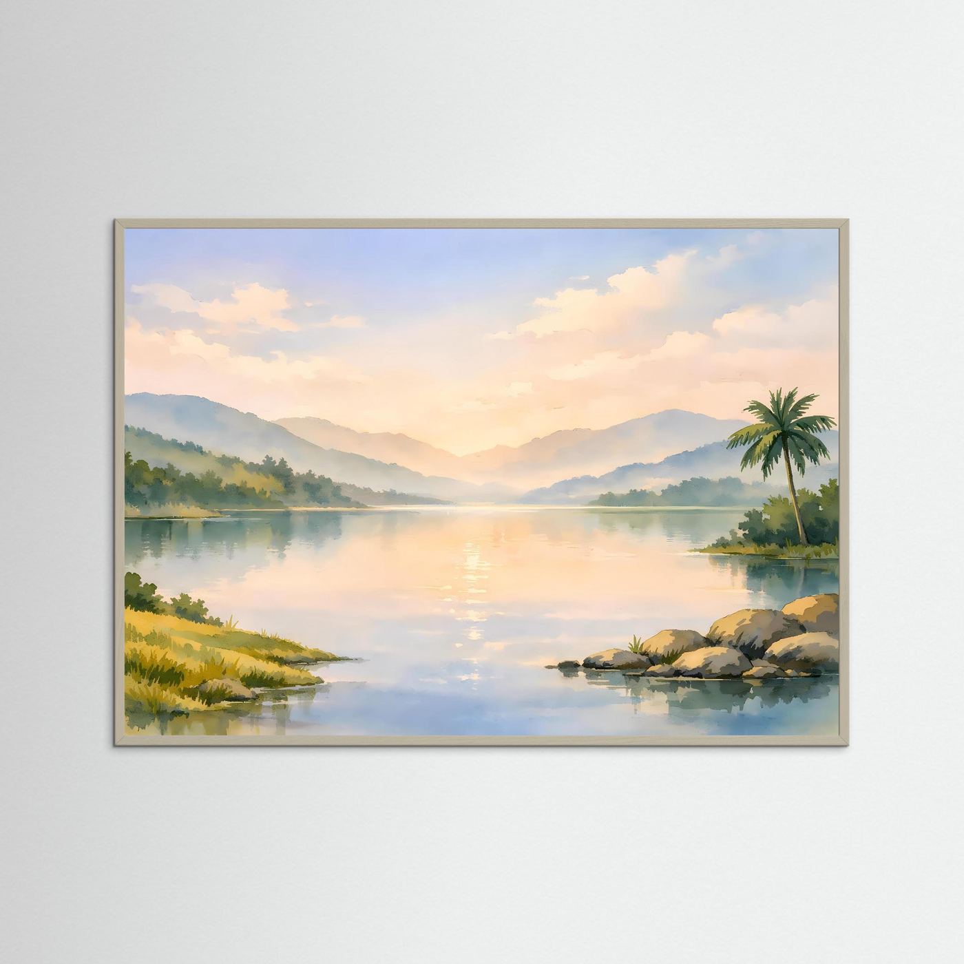 Natur-Poster mit grauem Rahmen, aquarellierte Landschaft am See mit Bergen und Palmen