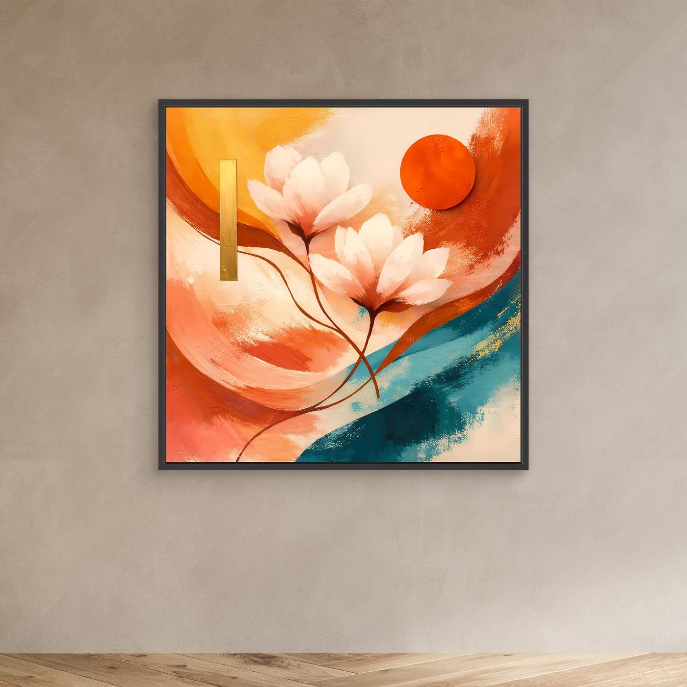 Leinwandbild im schwarzen Rahmen mit Lotusblüten, orangefarbener Kreissonne und tealfarbener Diagonale