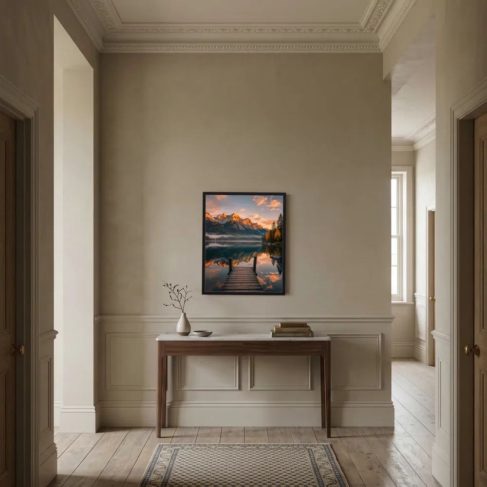 Gerahmtes Hochformat-Kunstposter mit Steg am Bergsee und Alpenpanorama bei Abendlicht