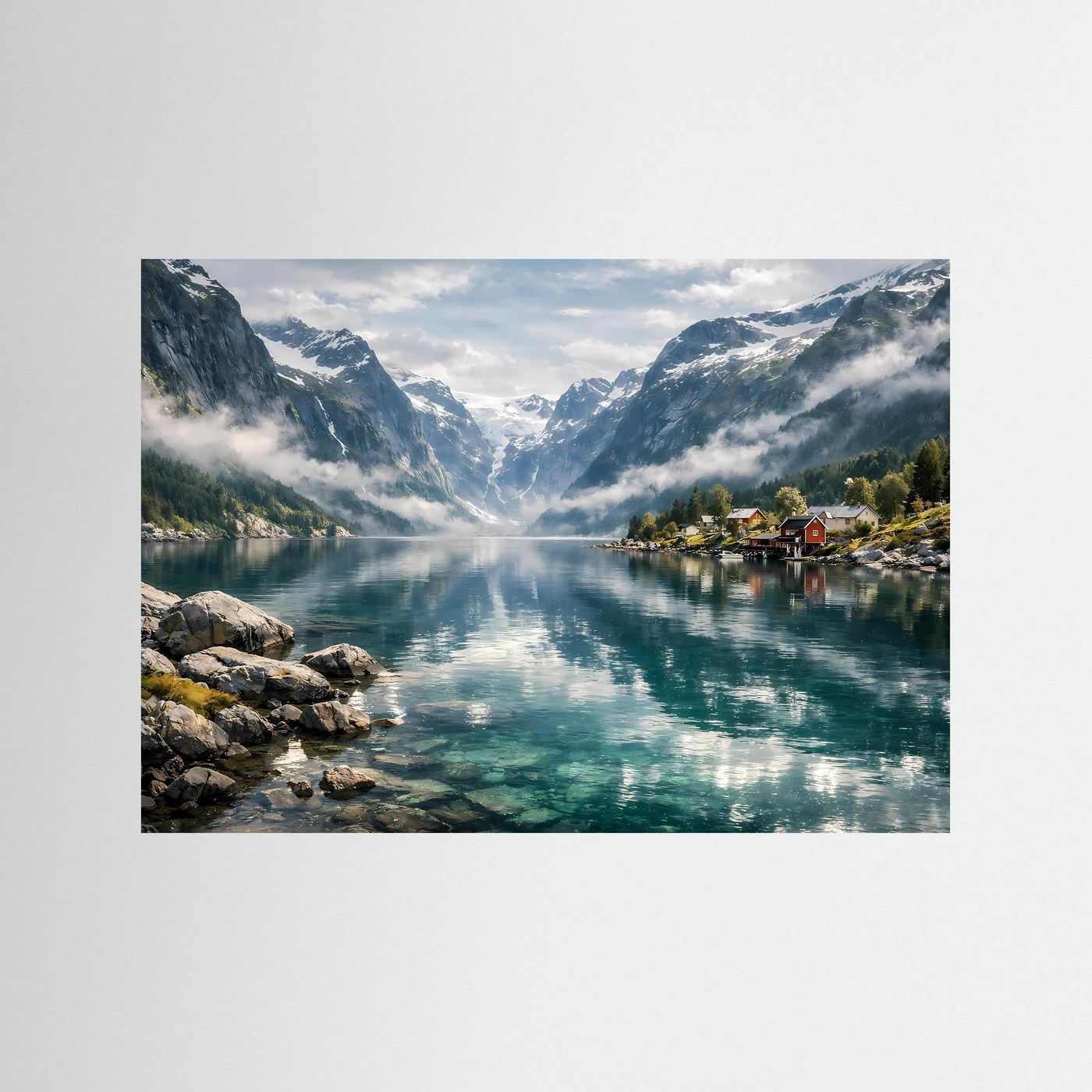 Norwegischer Fjord & Idyllisches Küstendorf | Panorama Natur & Landschafts Poster Querformat