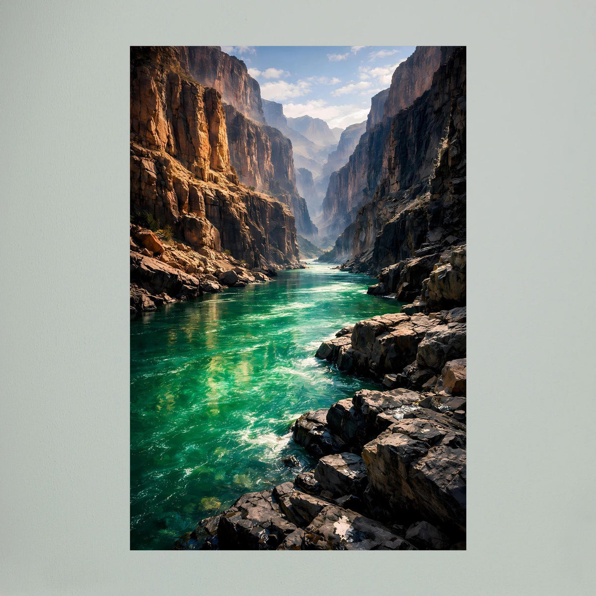 Wandbild mit Canyon, türkisgrünem Fluss und Felswänden, Hochformat