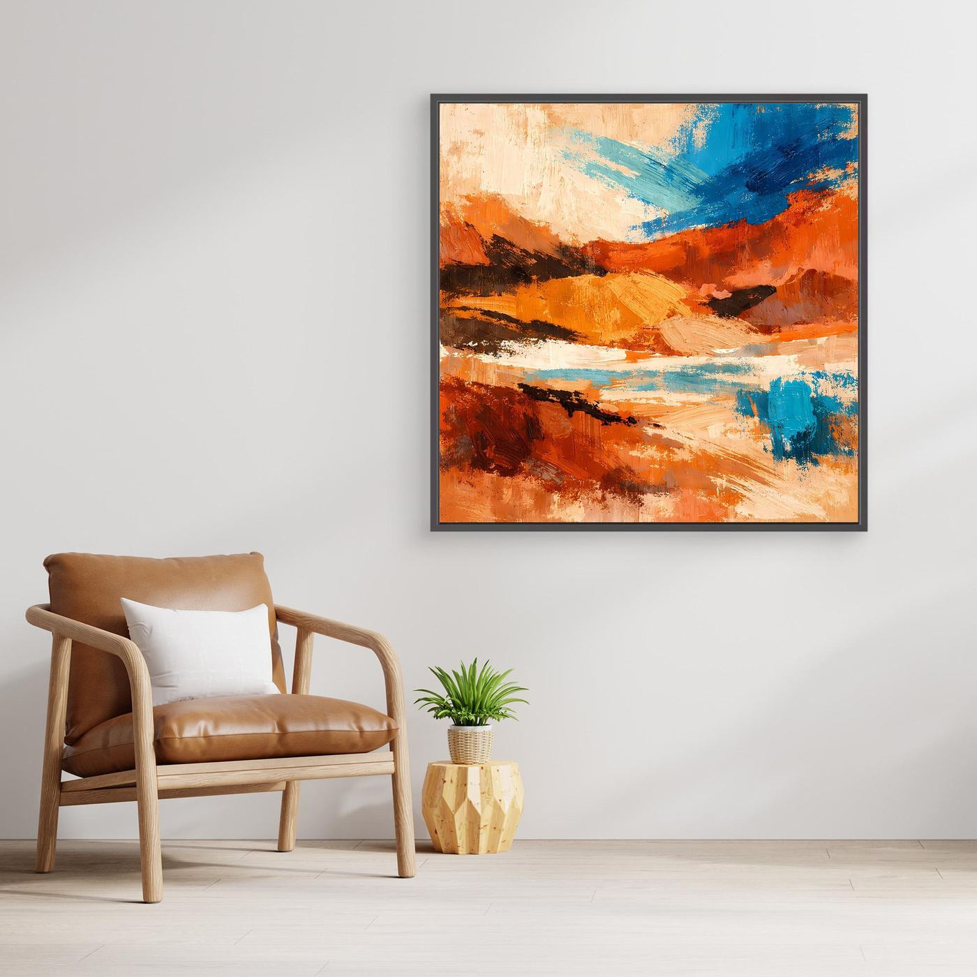 Gerahmtes abstraktes Leinwand-Wandbild, orange und blau mit dunklen Akzenten
