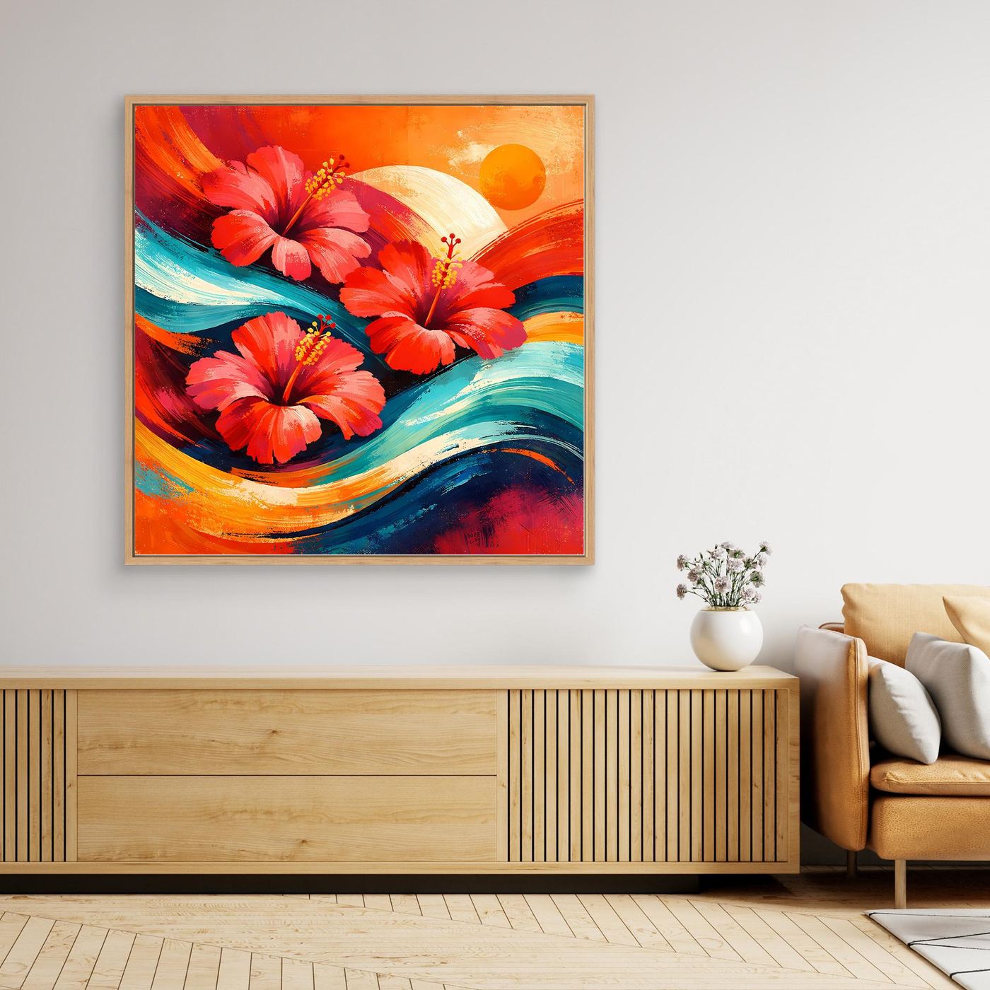 Leinwandbild mit roten Hibiskusblüten und bunten Wellen, Eichenrahmen