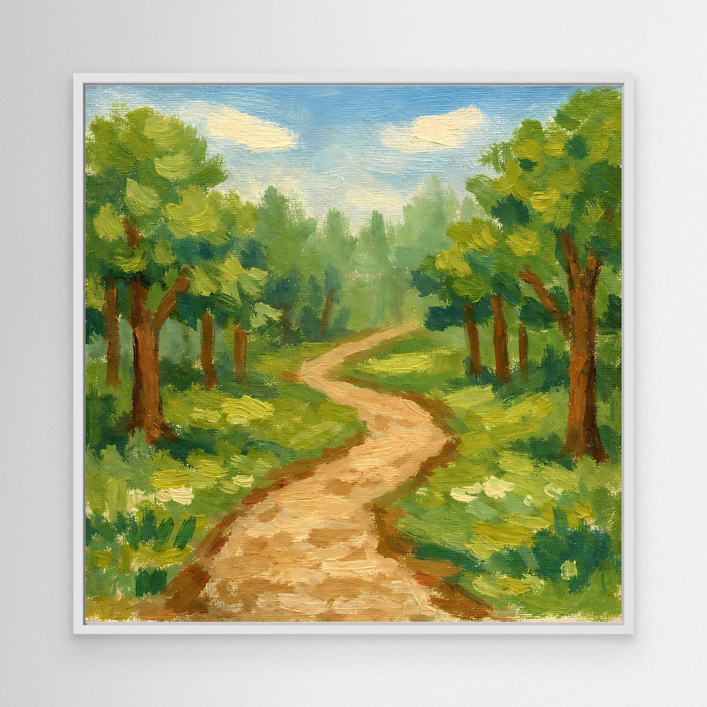 Leinwandbild „Idyllischer Waldweg“ mit weißem Rahmen: gepinselter Weg durch Wald.
