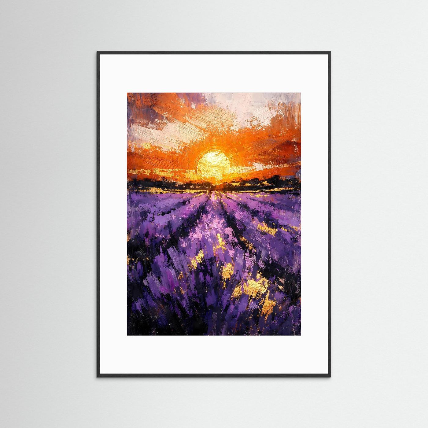 Wandposter im schwarzen Rahmen mit weißem Passepartout: Sonnenuntergang über Lavendelfeld