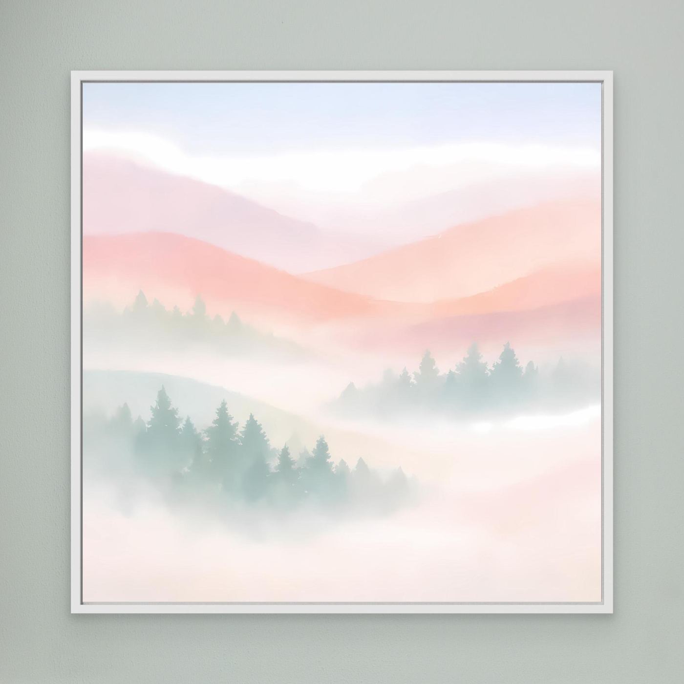 Leinwandbild mit weißem Rahmen, pastellfarbenes Nebelgebirge mit Tannen und Bergzügen