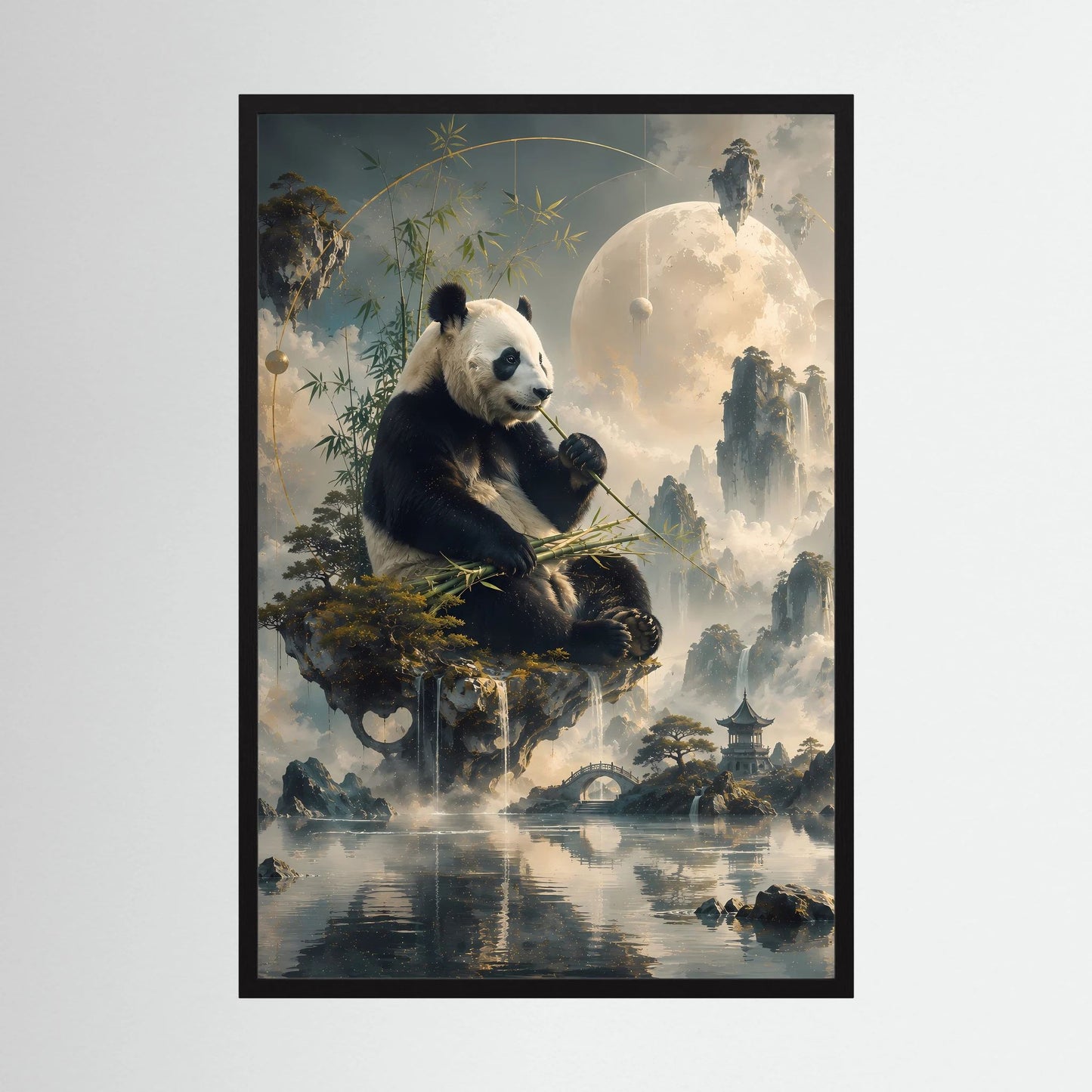 Kunstposter im Hochformat mit Panda auf Felsinsel, im schwarzen Rahmen