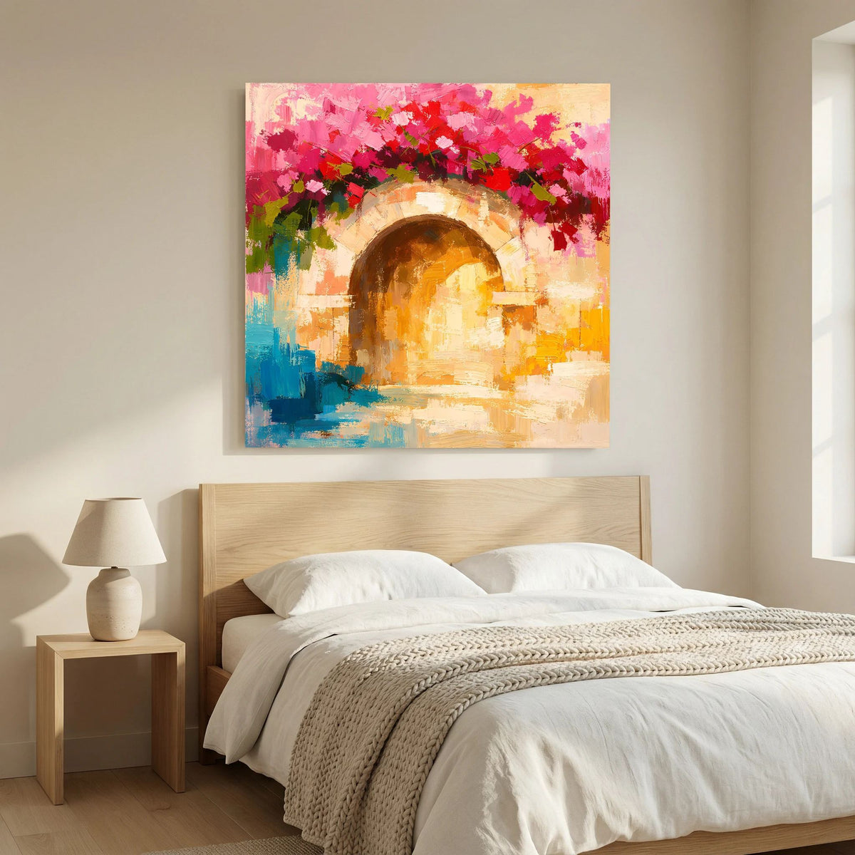 Wandbild mit abstraktem Torbogen und Bougainvillea in Pink-Orange, heller Holzrahmen
