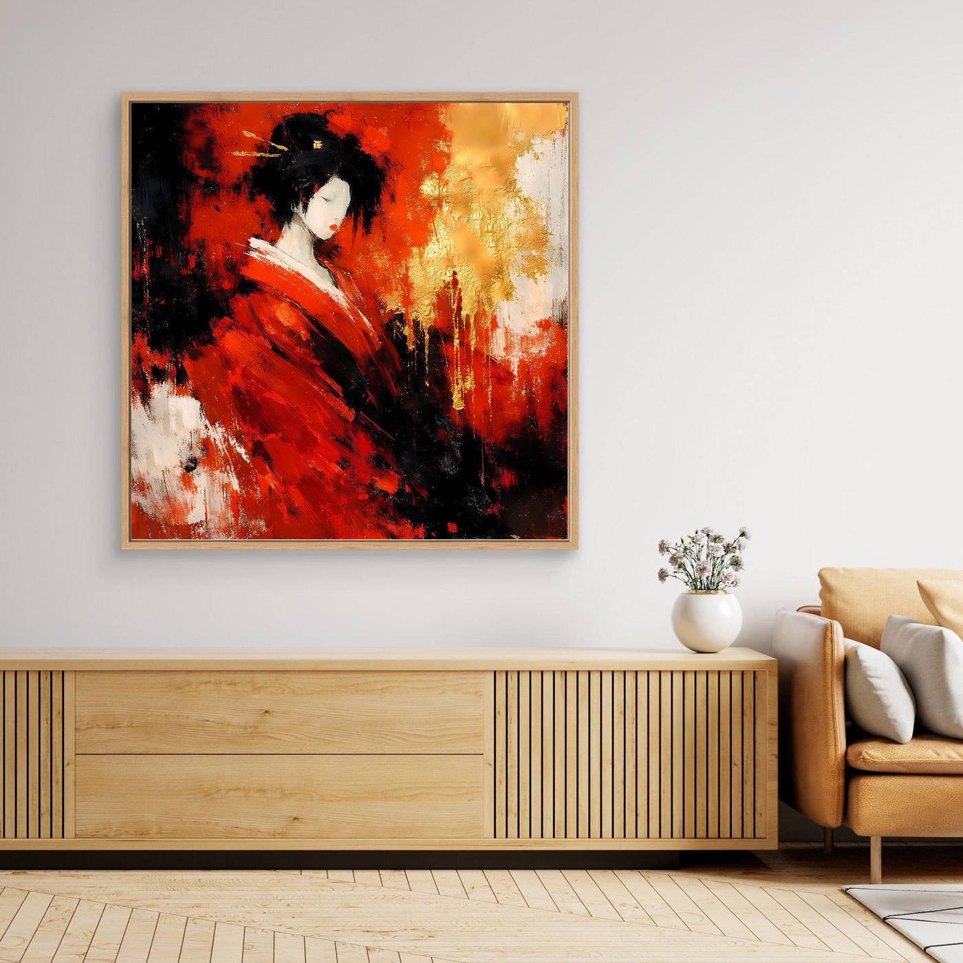 Leinwand Elegante Geisha im Roten Kimono | Abstraktes Asiatisches Wandbild Moderne Kunst