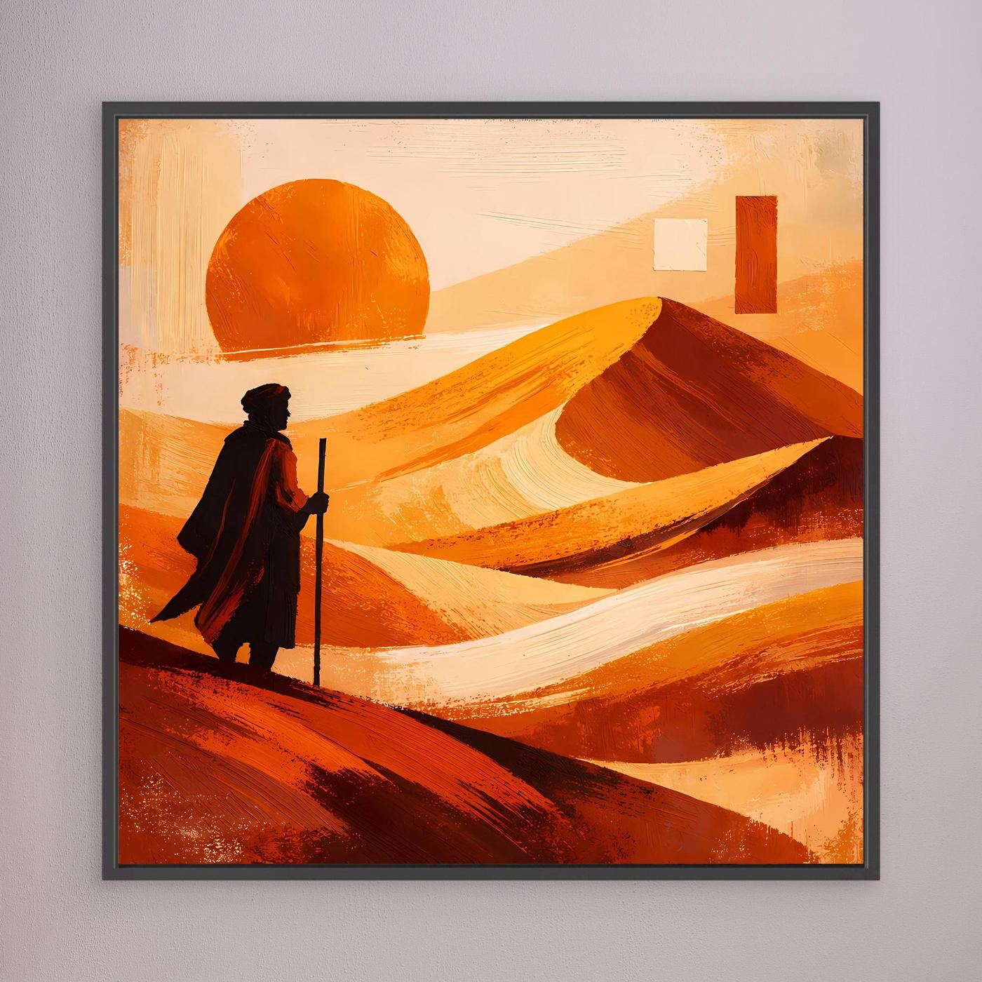 Leinwandbild: orange Wüstenlandschaft mit Sonne und Wanderfigur, grauschwarzer Rahmen