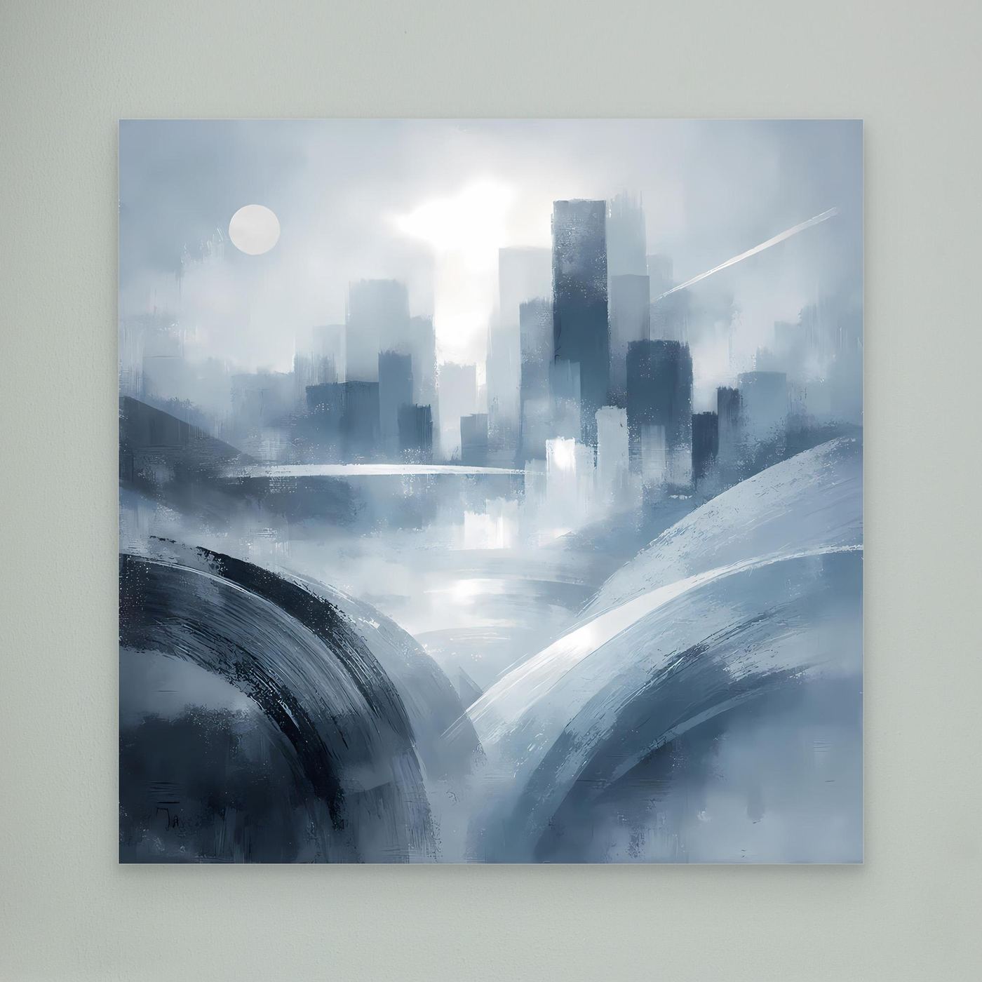 Leinwandbild abstrakte Futuristik-Skyline in Blau-Grau ohne sichtbaren Rahmen