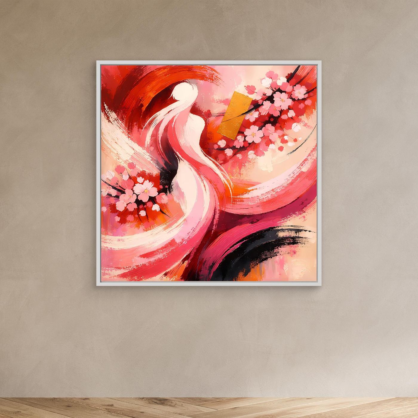 Abstraktes Wandbild mit hellem Rahmen: Kirschblüten, weiße Frauensilhouette, rote und rosa Pinselstriche