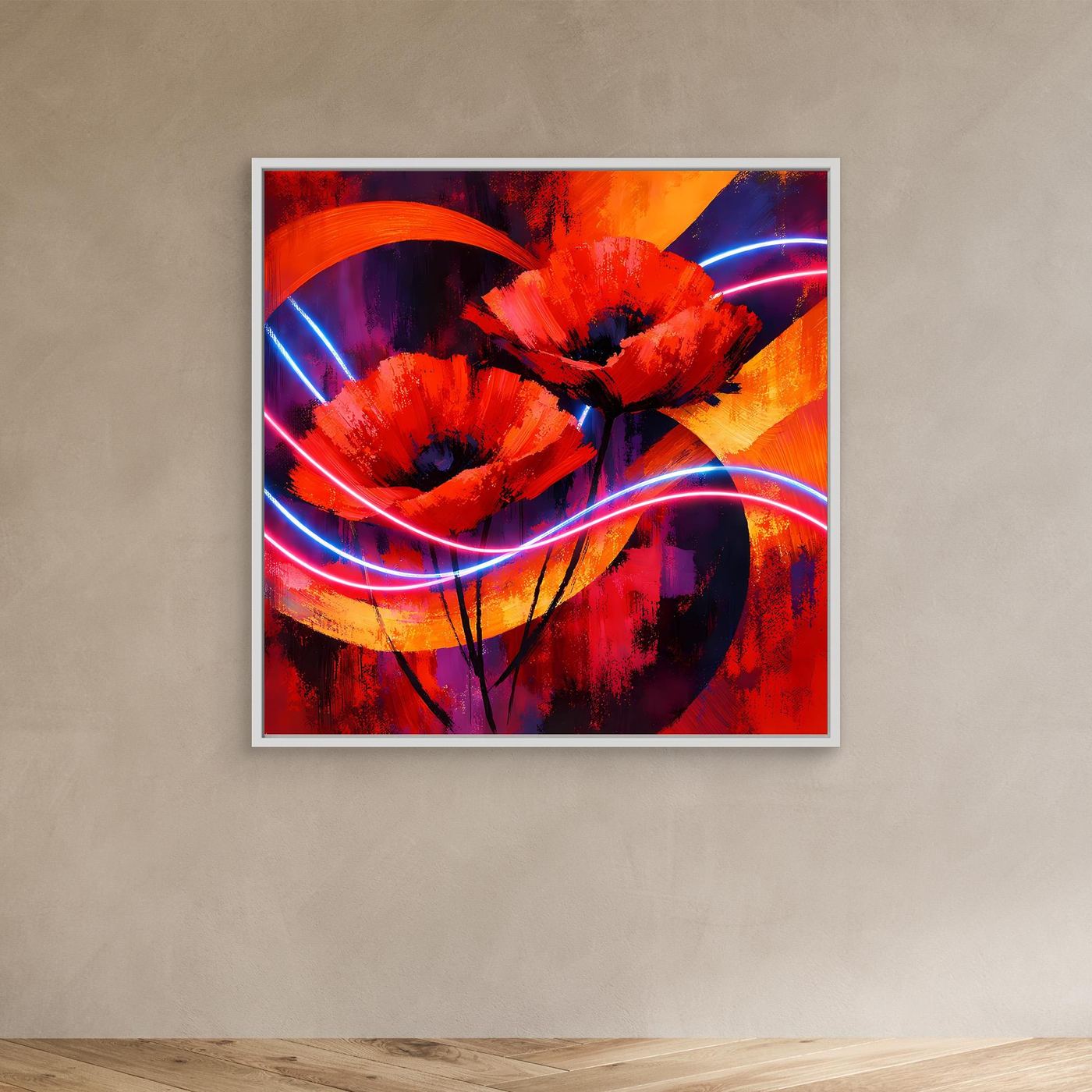 Leinwandbild mit abstrakten Mohnblumen, rot/violett, Neonbögen, weißer Rahmen