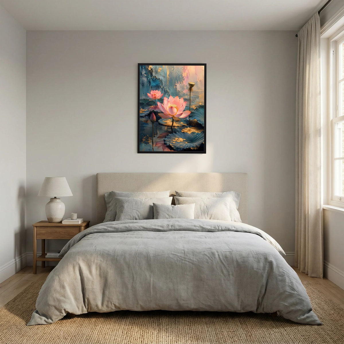 Wandkunst-Poster im Hochformat: rosa Lotusblüten auf petrolfarbenem Wasser, goldene Akzente, schwarz