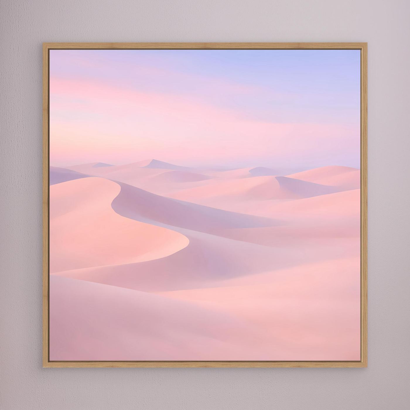 Leinwandbild mit Pastell-Wüstendünen in Rosa und Flieder, eichenfarbener Rahmen