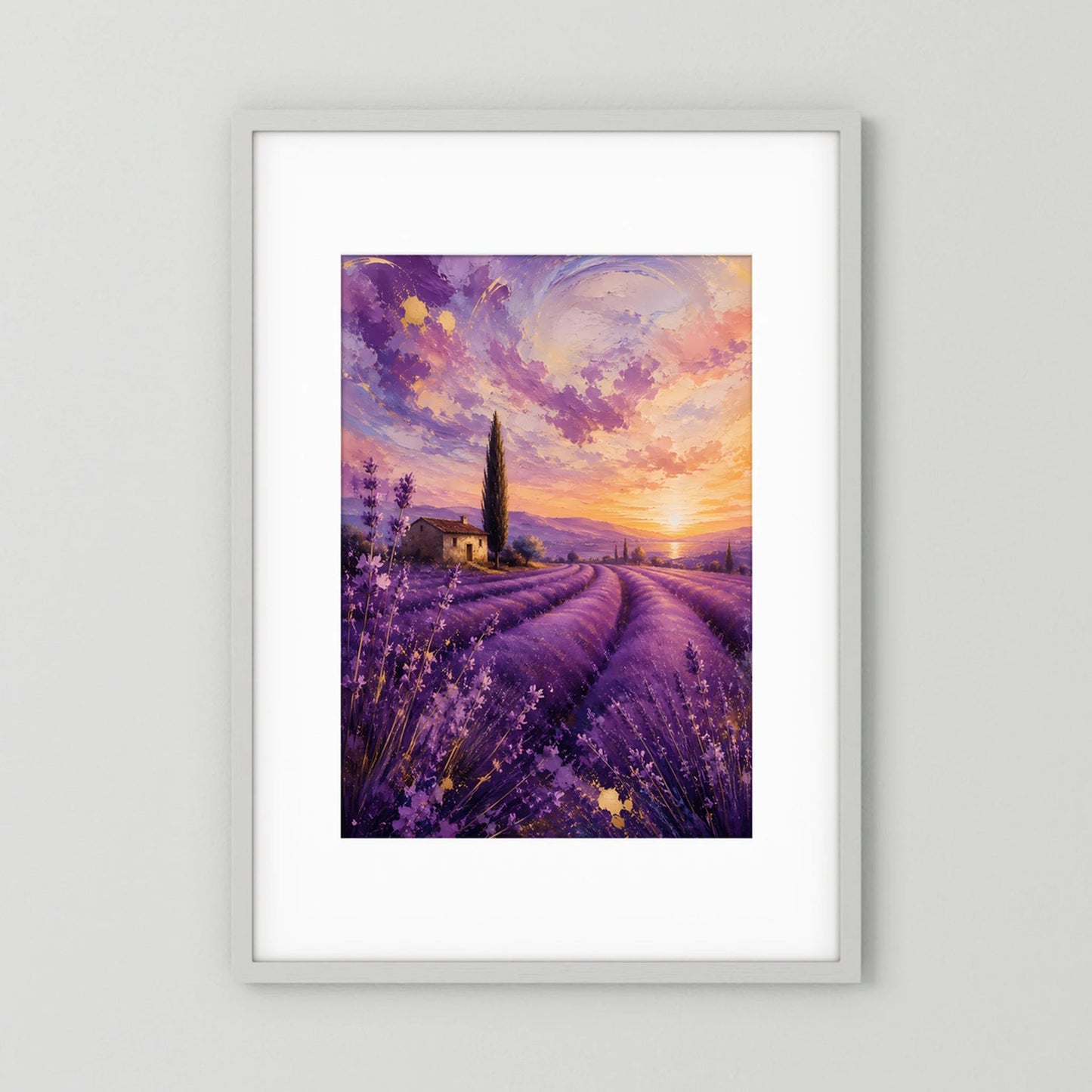 Gerahmtes Hochformat-Poster mit lila Lavendelfeld, schmalem Kirchturm und Abendhimmel
