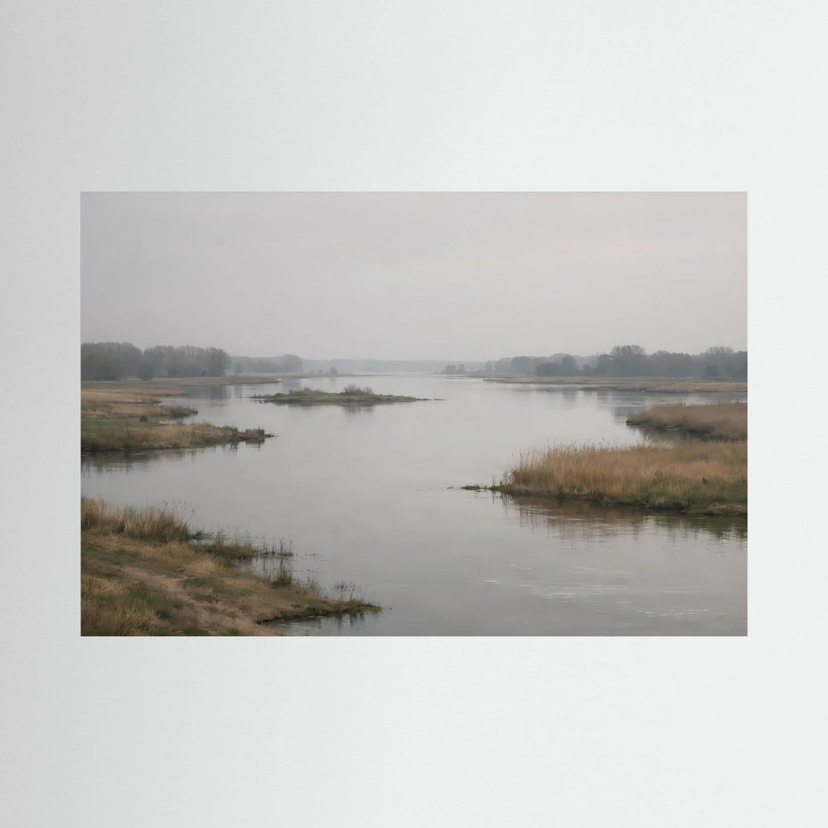 Wandbild im Querformat mit Flusslandschaft im Morgennebel und hellem Rand