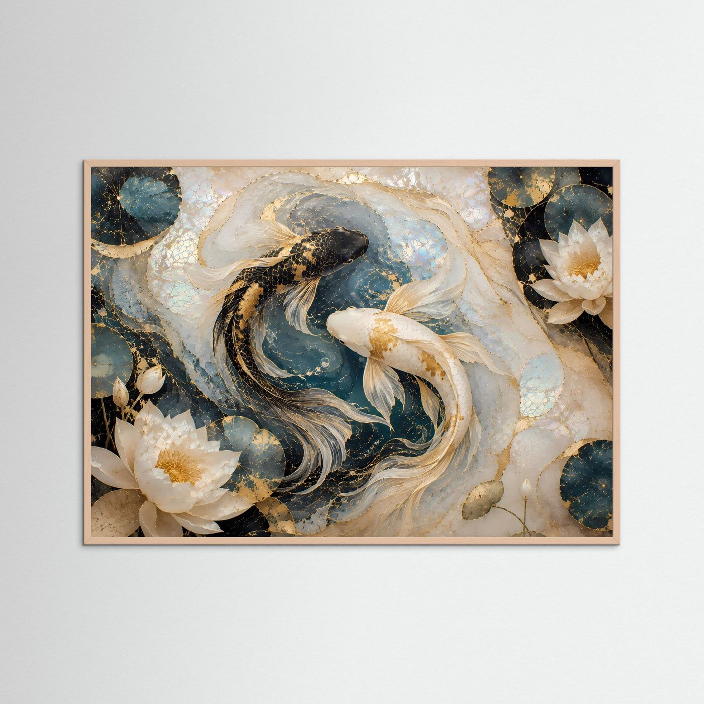 Querformatiges Poster im roséfarbenen Holzrahmen: Koi-Fische und Lotusblüten in Blau, Gold, Perlmutt