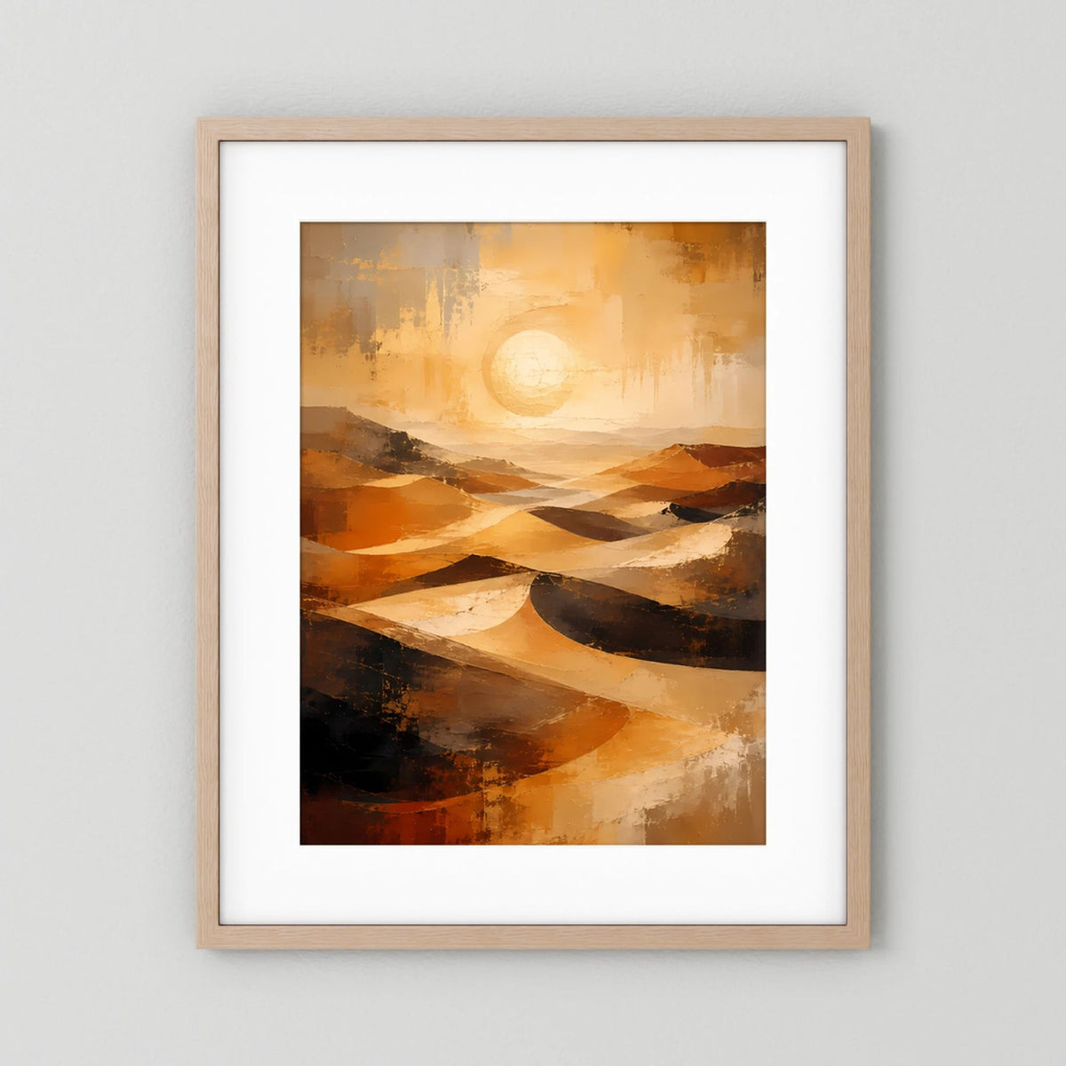 Abstraktes Wüstenlandschafts-Poster mit hellbraunem Holzrahmen, weißem Rand, Gold-Orange