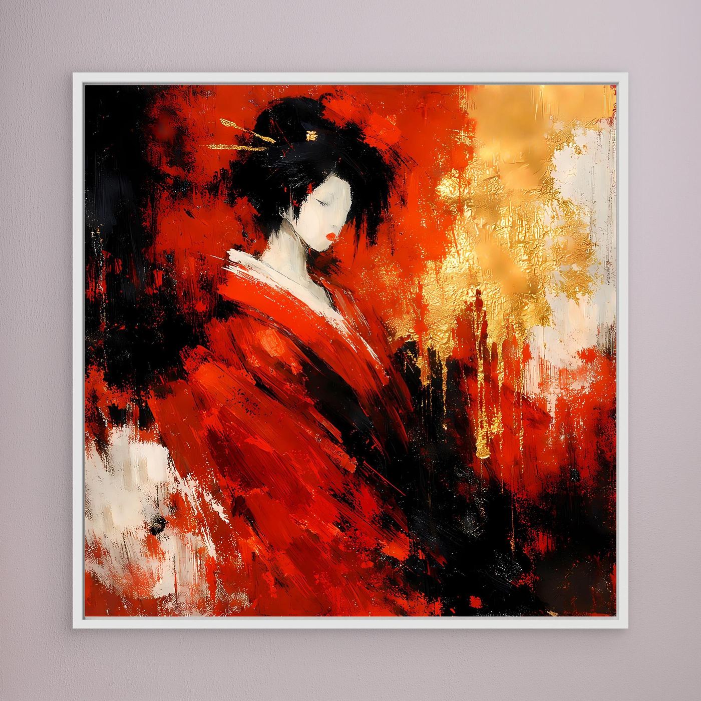Leinwand Elegante Geisha im Roten Kimono | Abstraktes Asiatisches Wandbild Moderne Kunst
