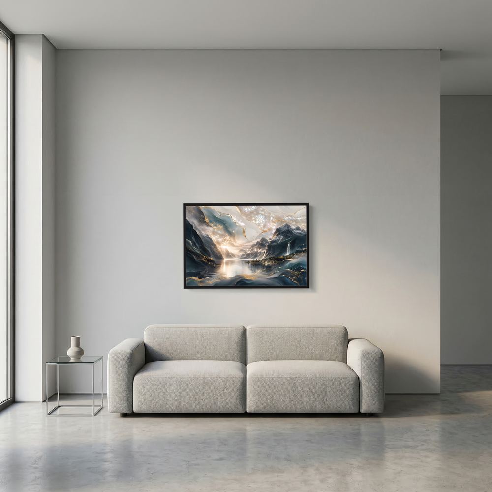 Wandposter im kleinen Format mit abstrakter Berglandschaft, Wasser und Lichtspur, schwarzer Rahmen