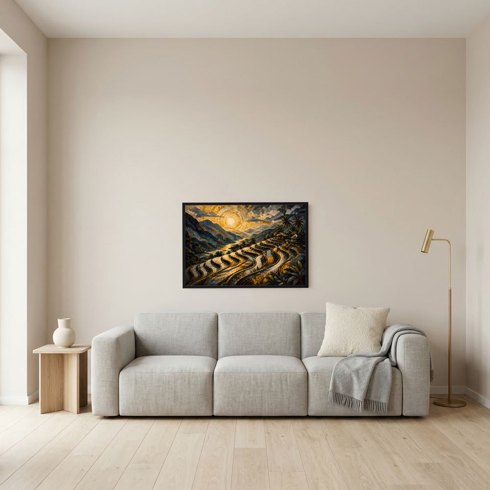 Wandbild im Querformat: Mosaik-Landschaft mit Reis-Terrassen, Sonne und Palmen