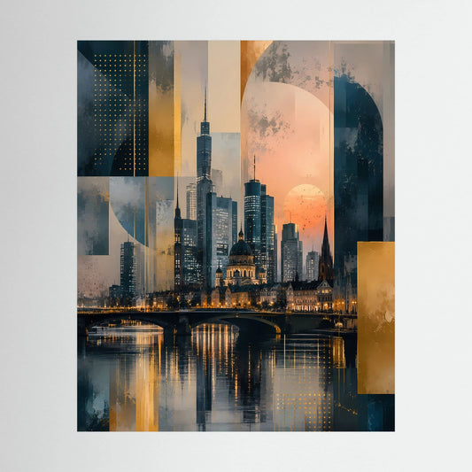 Poster mit abstrakter Skyline am Fluss in Gold- und Petroltönen, Hochformat