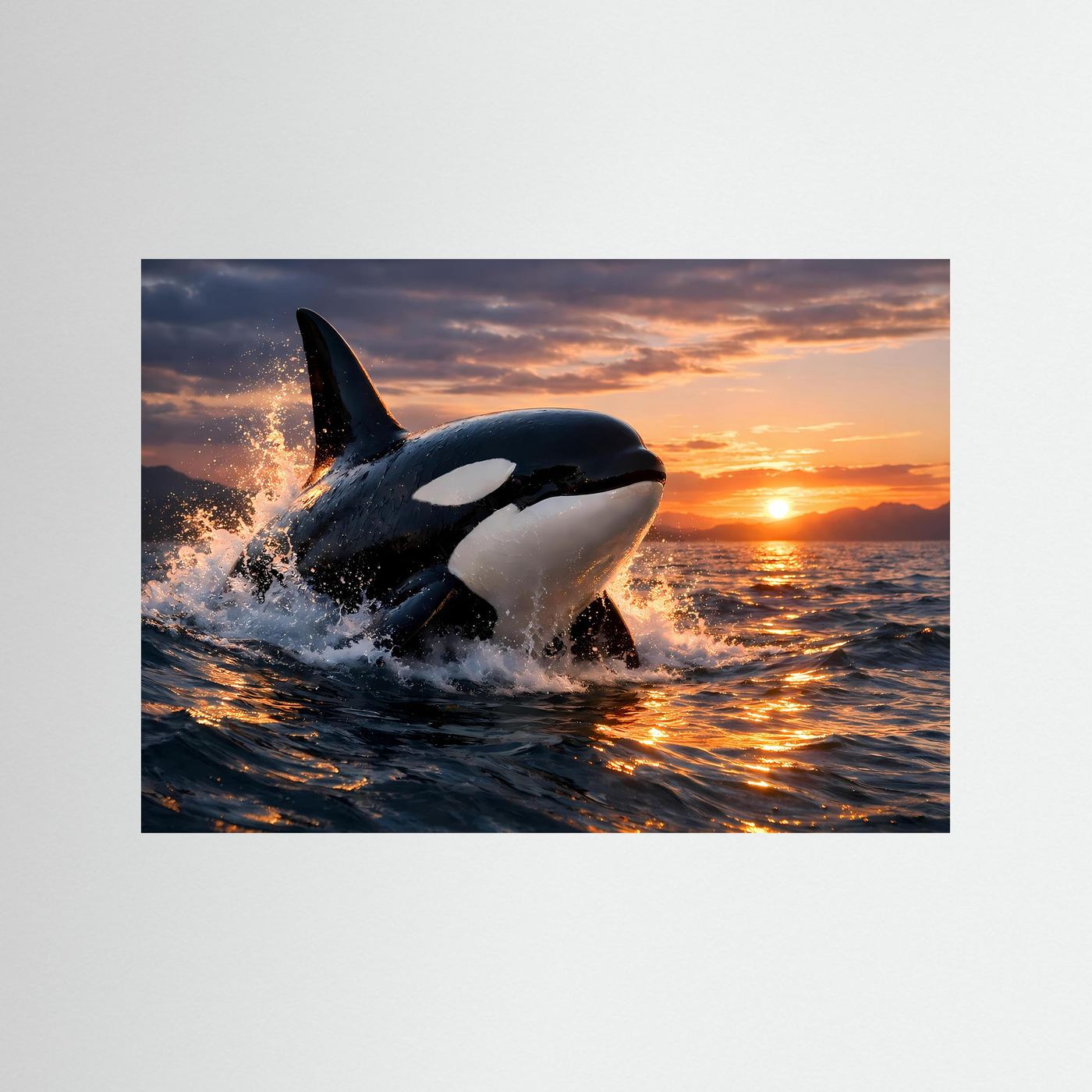 Poster im Querformat mit springendem Orca, schwarzem Rücken, weißem Fleck und Wasserfontäne.