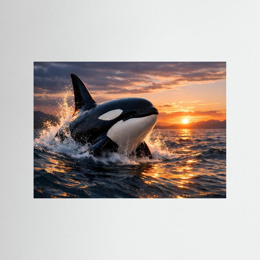 Poster im Querformat mit springendem Orca, schwarzem Rücken, weißem Fleck und Wasserfontäne.